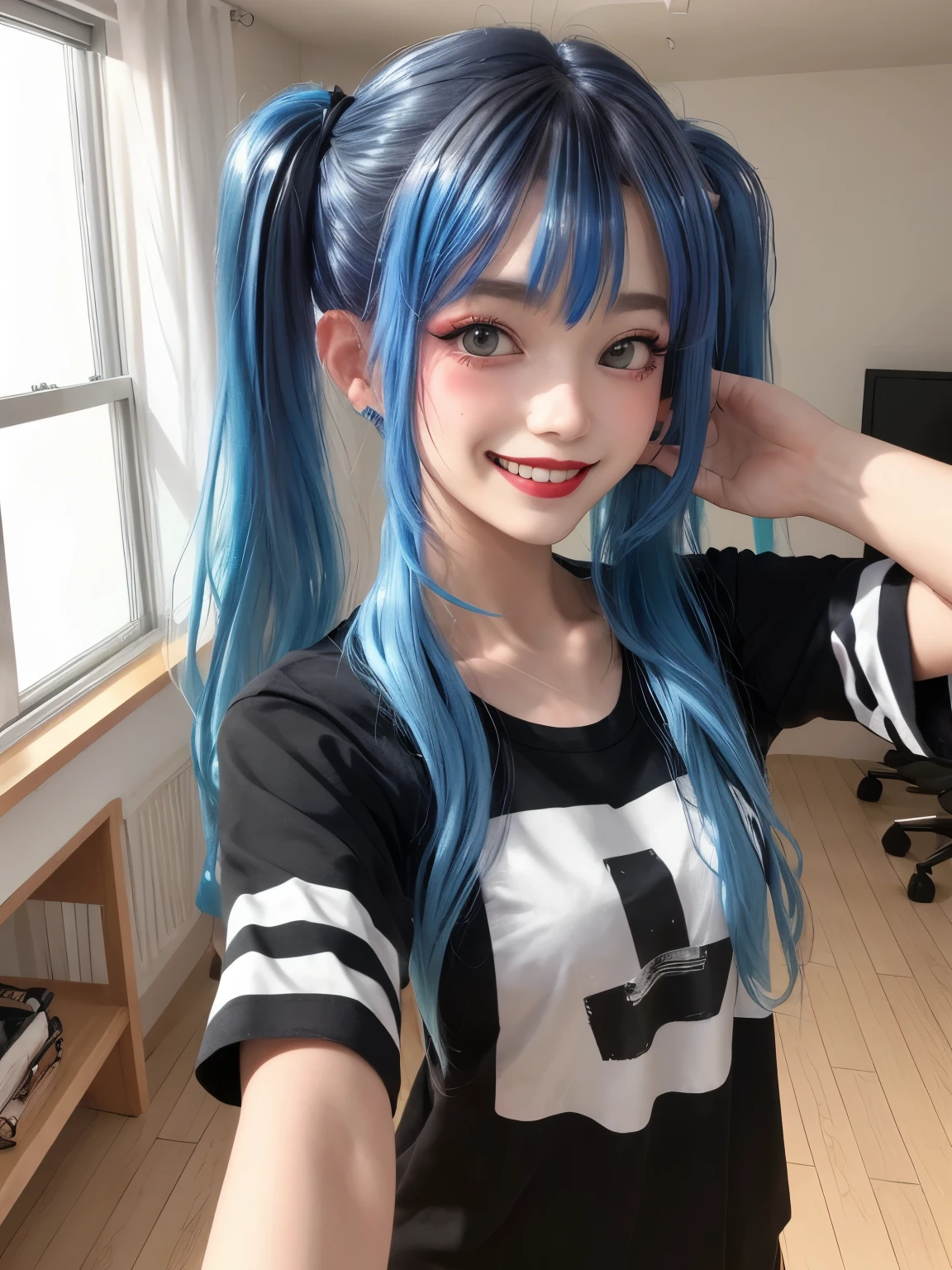 woman, Holo-Punk Style, perfect blue hair, masterpiece, best quality, indoors,shy, grin, messy twintails, makeup, standing, selfie, blush, black t-shirt, white striped sleeves