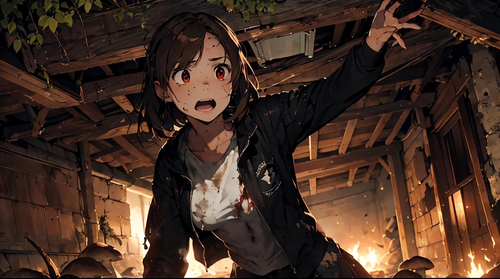 Hermione Granger (14 years)+ the last of us элли (14 years) game (Hermione as Ellie) survives in the forest with Joel (Joel is 56) kills zombies, intestines, blood, fatigue, hope, rage, anger. post apocalypse. old torn clothes. destruction of city cars, nature has taken over humanity, crafting weapons, items, zombies, tearing off limbs on the face, powdery mushrooms, disputes