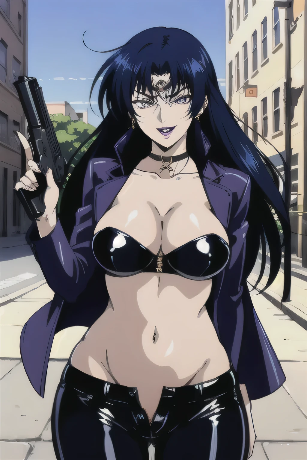 Karla,1girl,
long hir,black hair,purple eyes,purple lips,
masterpiece, best quality, highly detailed, a girls with a gun, evil smile , open mouth, sexy gaze, badass
pose , evil smile, smile, (nsfw) not safe for work, guns blazing, anime girl with long hair, beautiful long
haired girl, navel, evil expression, exposed belly, exposed navel, exposed midriff, exposed lower belly,
long black pants, crop top, cleavage, unbuttoned leather pants ,open fly, low rise black leather pants,
leather jacket, holding a gun, outdoor,street,road, navel piercing