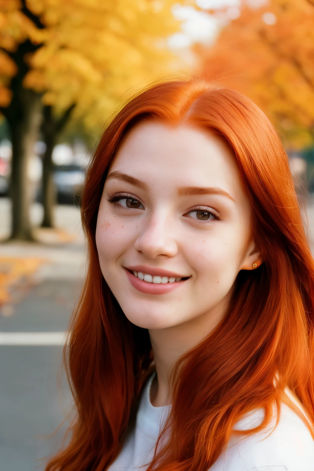 (a closeup of a, Editorial photo of a 21-year-old red-haired woman), (Highly detailed face:1.4) (Smile:0.7) (The background inside is autumn, The street is sunny, private study:1.3) ass pov, Nikon D850, film stock photograph ,4 Kodak Portra 400 ,camera f1.6 lens ,saturated colors ,hyper realistic ,lifelike texture, dramatic lighting , Cinestill 800,