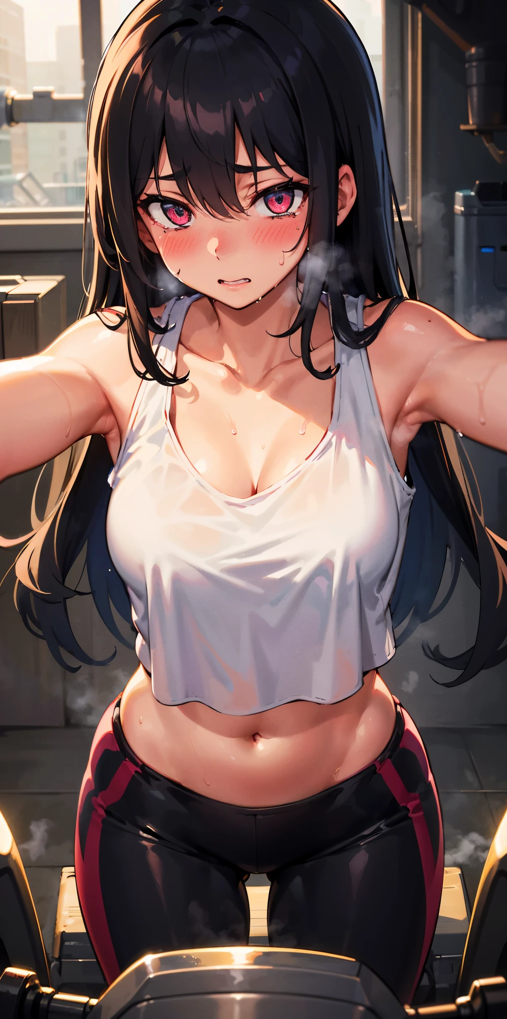 riding machine, 1girl, solo, breasts, sweat, tears,trembling, steaming body, blush, medium breasts, healthy skin, glowing eyes, ultra-detailed eyes, navel, long hair, cropped tank top