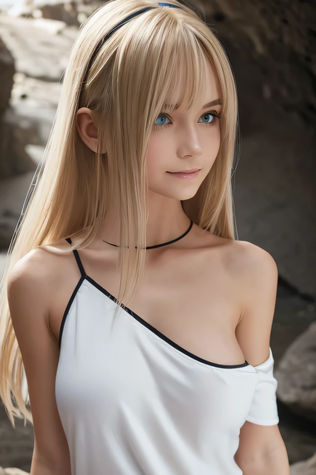 1 girl, Bethel, black eye, bare shoulders, chest, medium chest, blonde long hair, hair above one eye, bangs, gloves, sleeveless, alone, shirt, fingerless gloves, white shirt, sleeveless shirt, turn your arms behind your back, off shoulder, Horn, smile, (masterpiece), (highest quality), (Super detailed), inside a dark cave, blue flower,