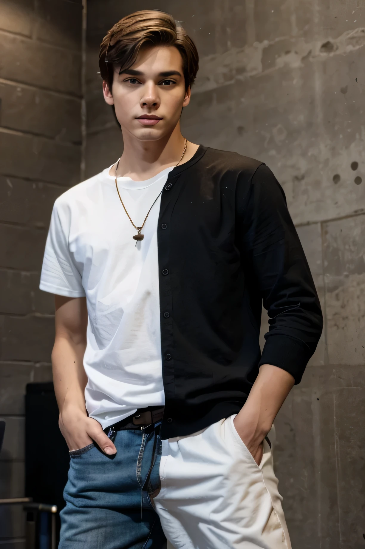 A young man in casual clothes and on the other side next to him is another, pero es muy bajito y llega hasta debajo de la cintura, tan joven como el.