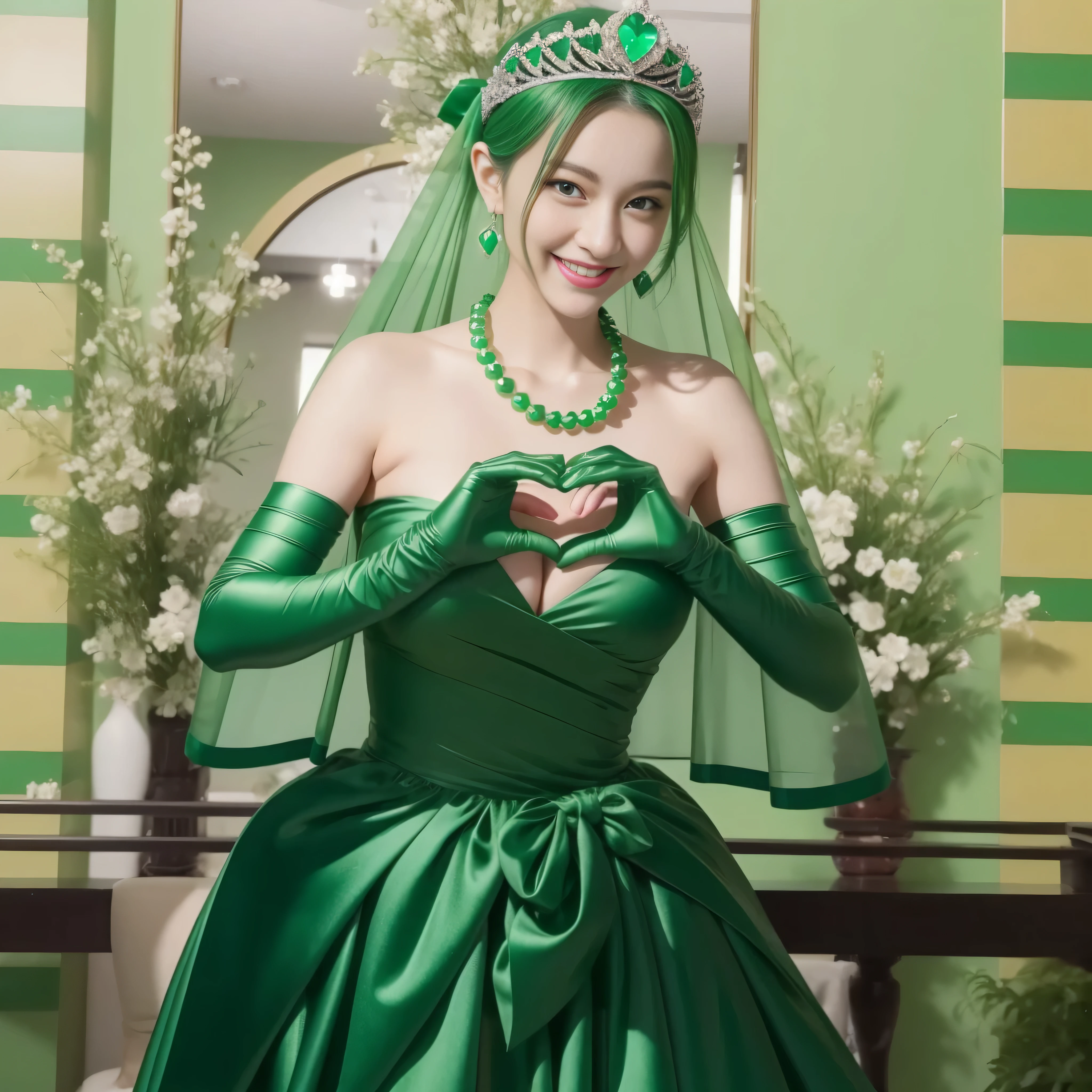 emerald tiara, Green Pearl Necklace, ボーイッシュな非常に短いgreen hair, green lips, Smiling Japan woman in her 30s, very short hair, Beautiful woman with big breasts, green eyes, green satin long gloves, green eyes, emerald earrings, Green veil, Heart with both hands, green hair, beautiful japanese woman, heart shaped hands:1.3, green lip gloss