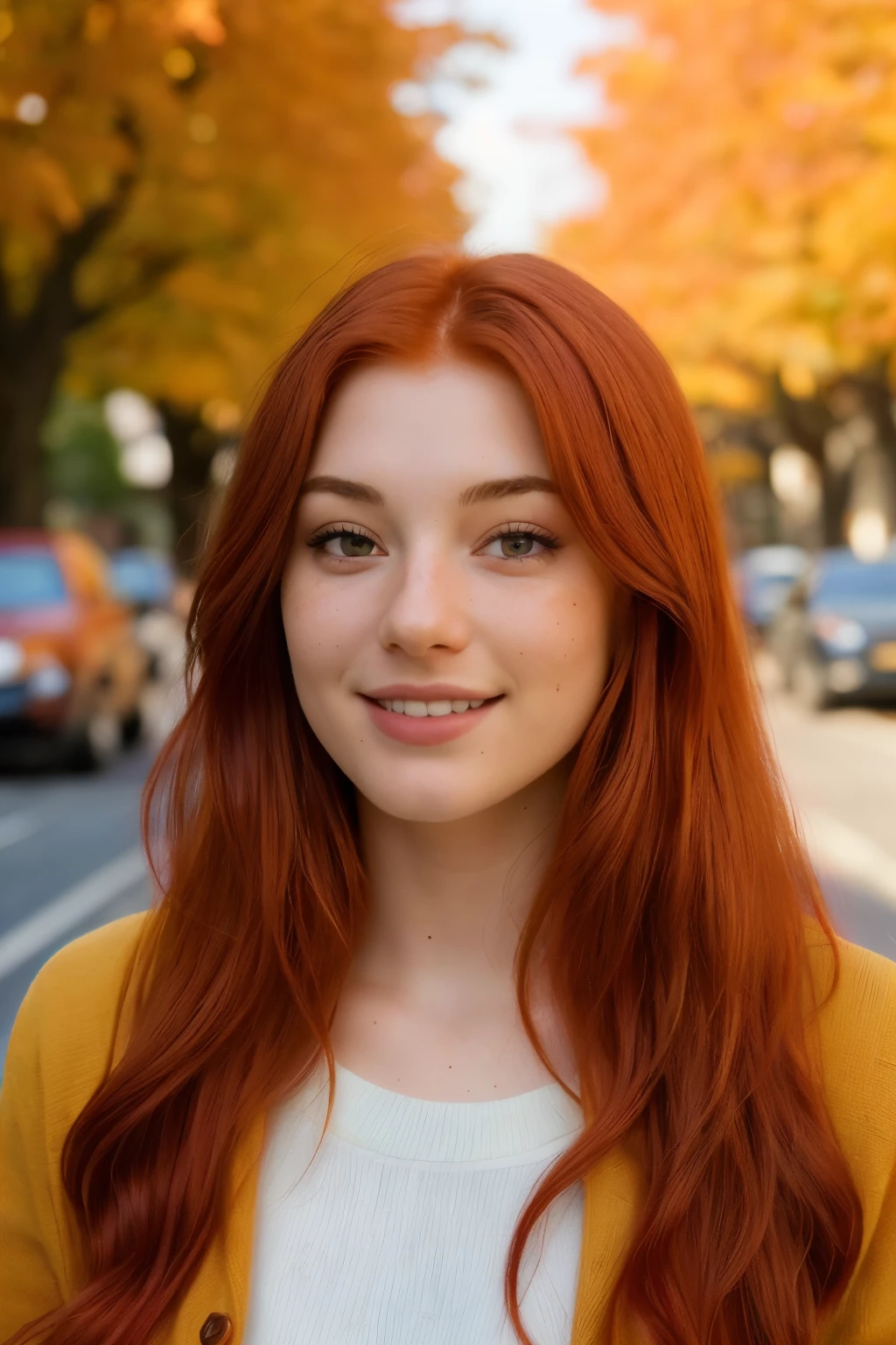 (a closeup of a, Editorial photo of a 21-year-old red-haired woman), (Highly detailed face:1.4) (Smile:0.7) (The background inside is autumn, The street is sunny, private study:1.3) ass pov, Nikon D850, film stock photograph ,4 Kodak Portra 400 ,camera f1.6 lens ,saturated colors ,hyper realistic ,lifelike texture, dramatic  lighting , Cinestill 800,