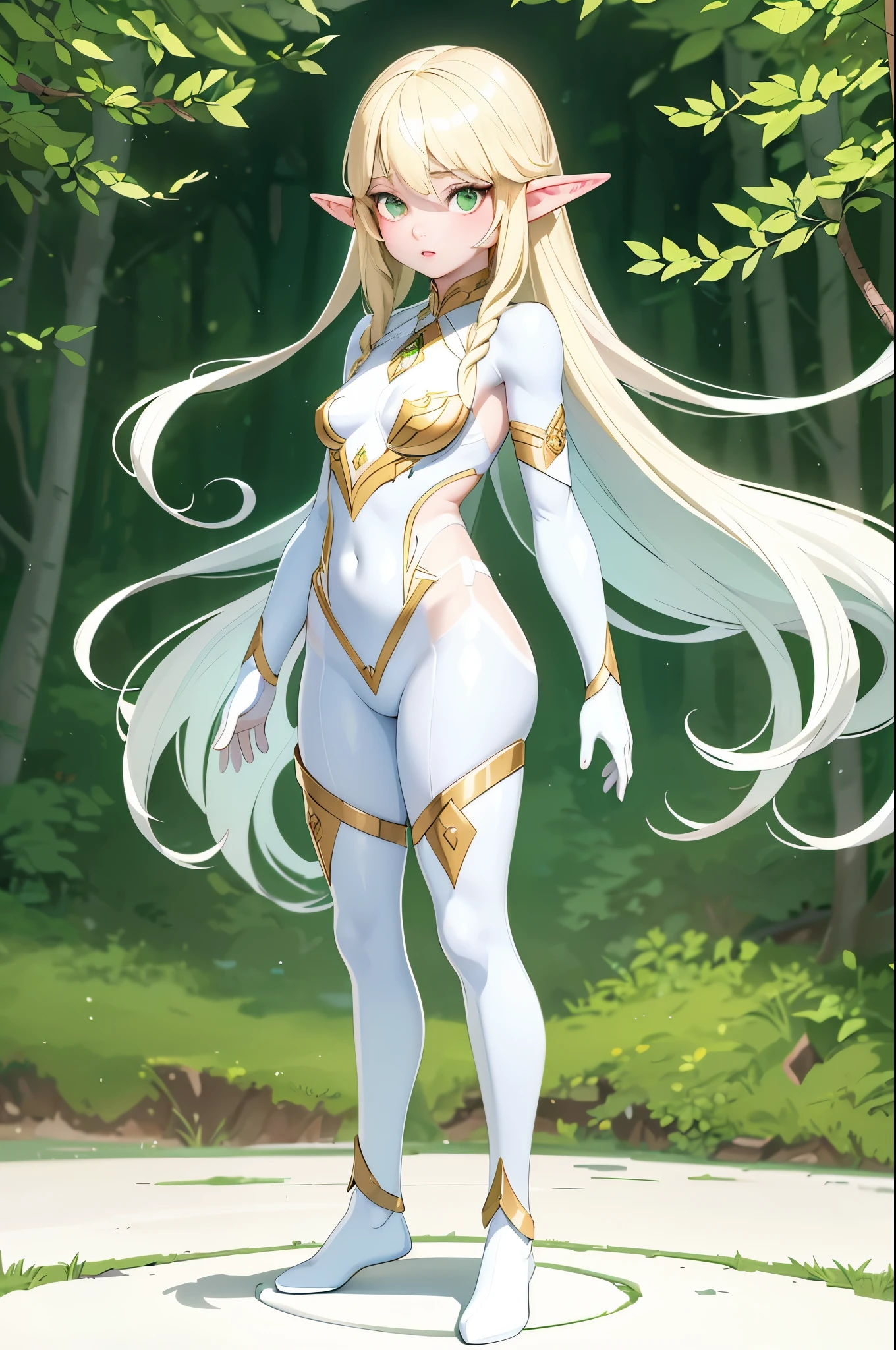 (masterpiece, best quality), (full body:1.6), standing (small fighting elven 1girl:1.6),(magical),(cute,adorable:1.3),blonde hair, green eyes, medium breast, beautiful, detailed, enchanted breastplate with precious gemstones, white thigh-high greaves, seductive pose, in a forest, magic flora, detailed face and eyes, volumetric light,(ultra quality skin:1.7),