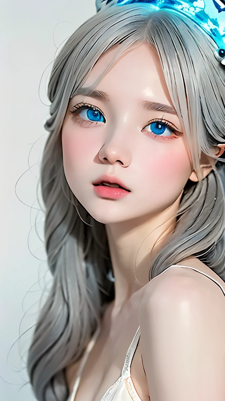 (((white background:1.3)))、highest quality, Masseter muscle part, High resolution, (((albino girl、gray hair:1.3、white eyebrows:1.3、white eyelashes:1.3)))、(((1 girl))), ,(((eyes are blue:1.3)))、white dress、((white shirt:1.3、White Block Dress)), Tyndall effect, realistic, shadow studio,dark blue backlight:1.5, dual tone lighting, (high detail skin: 1.2)、薄dark lighting、dark lighting、 Digital single-lens reflex camera, photograph, High resolution, 4k, 8k, background blur,fade out beautifully、White world、white background
