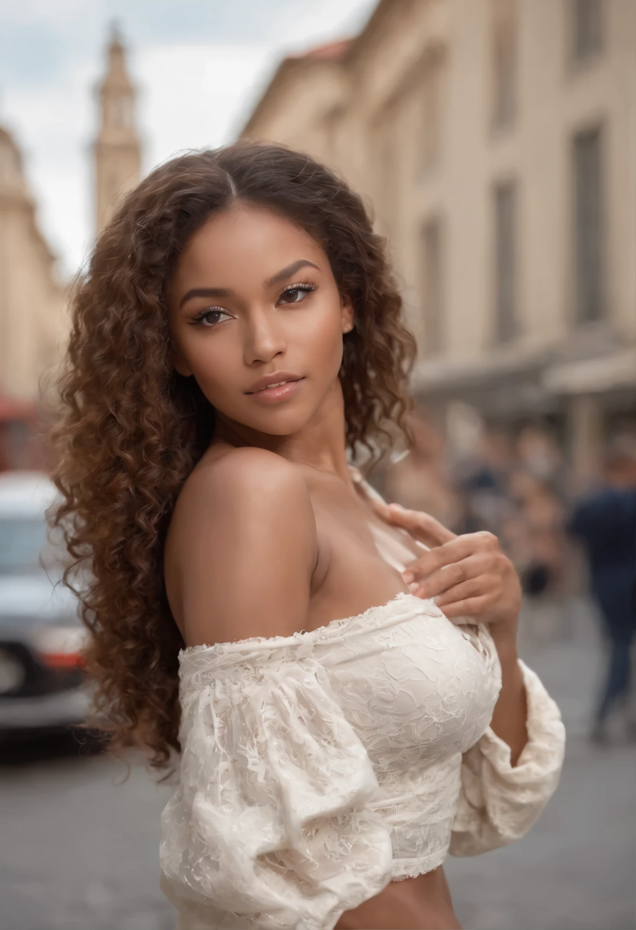 ((Peau africaine claire )), ((Its beauty is undeniable)), ((Excited cute face)), ((Hyper detailed perfect eyes,)), ((pose mignonne)), ((Langue sortie)), ((Seductive )), sexy, (( porte une chemise blanche en soi)), ((Afro ponytail with long African curly hair,)), (( peau)), (( gros seins )), ((debout, vue de face)), ((toucher ses propres jambes dans une pose sexy)), ((dehors, Ville publique)), Sharp Focus CGI, photoreallistic, High detail, Realstic, Masterpiece, absurdes, Best quality, Hdr, High quality, high-definition, Extremely detailed, 8k wallpaper, Intricate details, 8K UHD, Full-HD, (photo