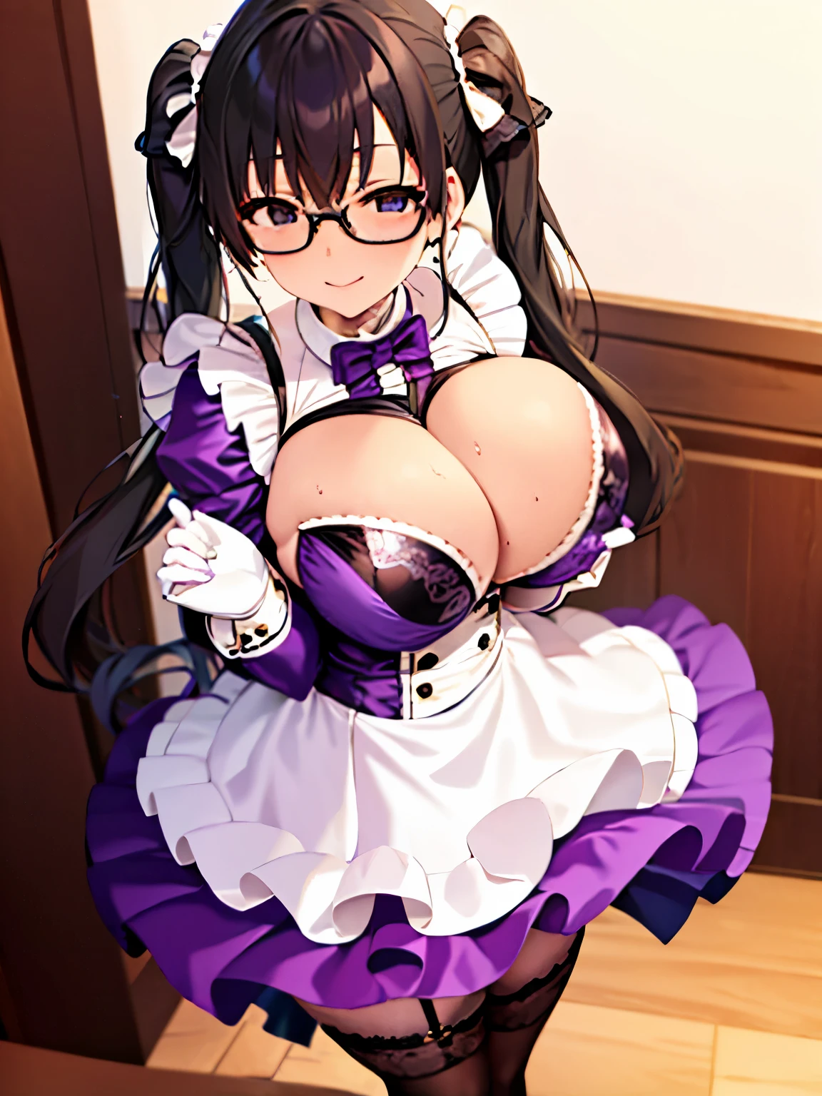 high quality,masterpiece。cute long black hair woman,Her hairstyle is long twin tails。She stands upright with her face and body facing the viewer,true identity。her hands are empty,Do not pose your hands。she looks tall。Her breasts are huge and very big,Good style。She has a cute face that looks good with glasses and is smiling with her glasses on.,Both eye colors are brown。The outfit is a purple maid outfit made of PVC costume.,Maid clothes with fancy decorations such as ribbons and frills,The skirt of the maid uniform is a miniskirt.,Long gloves on both hands,The maid outfit, skirt, and long gloves are a shiny purple PVC costume that reflects the light.。Black garter socks on both legs。she is standing,The place you are standing is indoors。