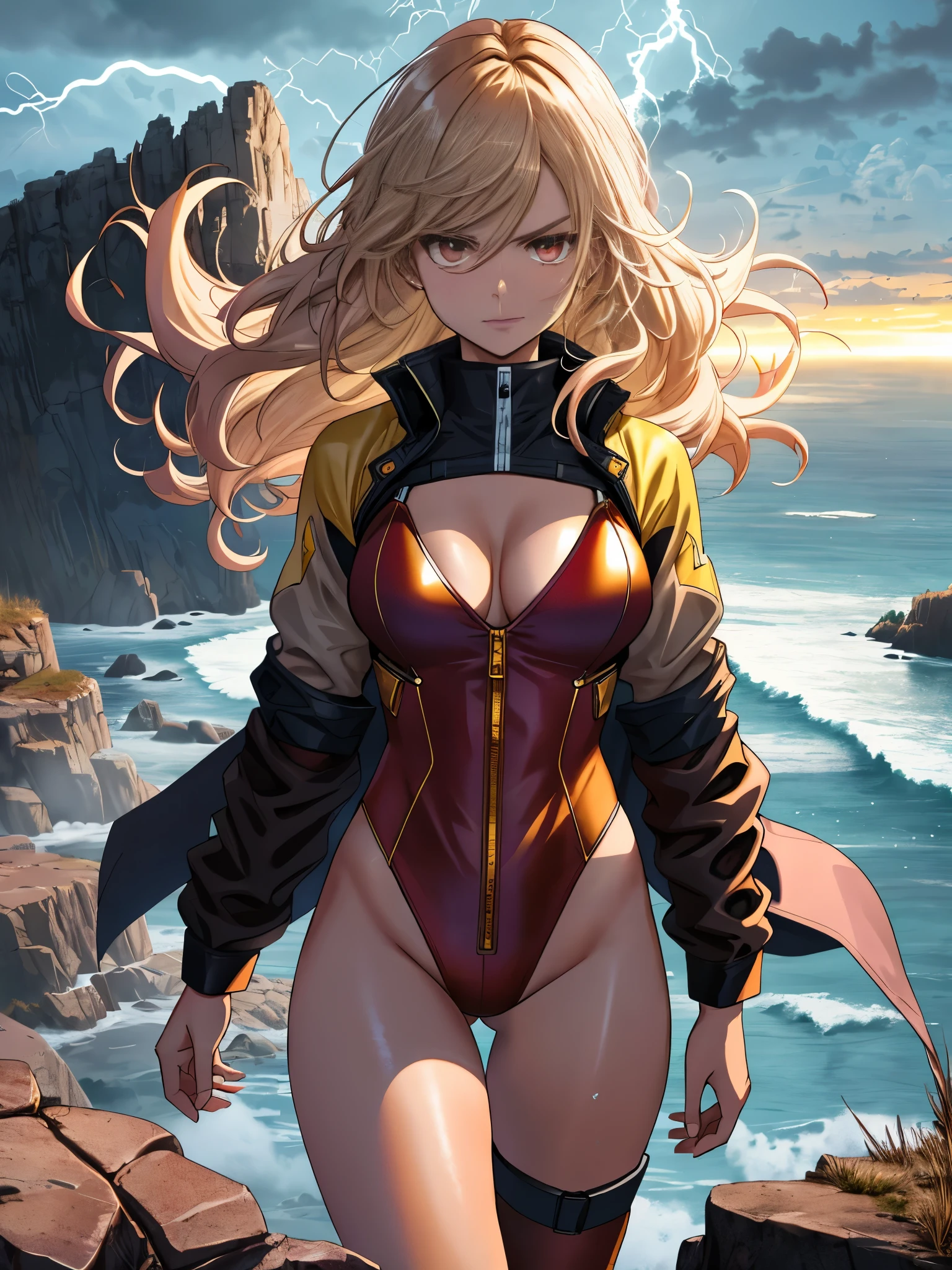 Arti future anime. cowboy shot, dirty woman supervillain standing on a cliff, stormy night, wet messy hair over eyes, red eyes, detailed brown leotard, golden tight belt, bare legs, matching boots. vixip, close-up landscape, angry. Hand drawing, cinematic lighting, highly detailed. White, brown, red. Perfect composition, masterpiece, best quality, 4k, sharp focus. perfect anatomy. (body infused with lightning) powering up, outstretched arms.