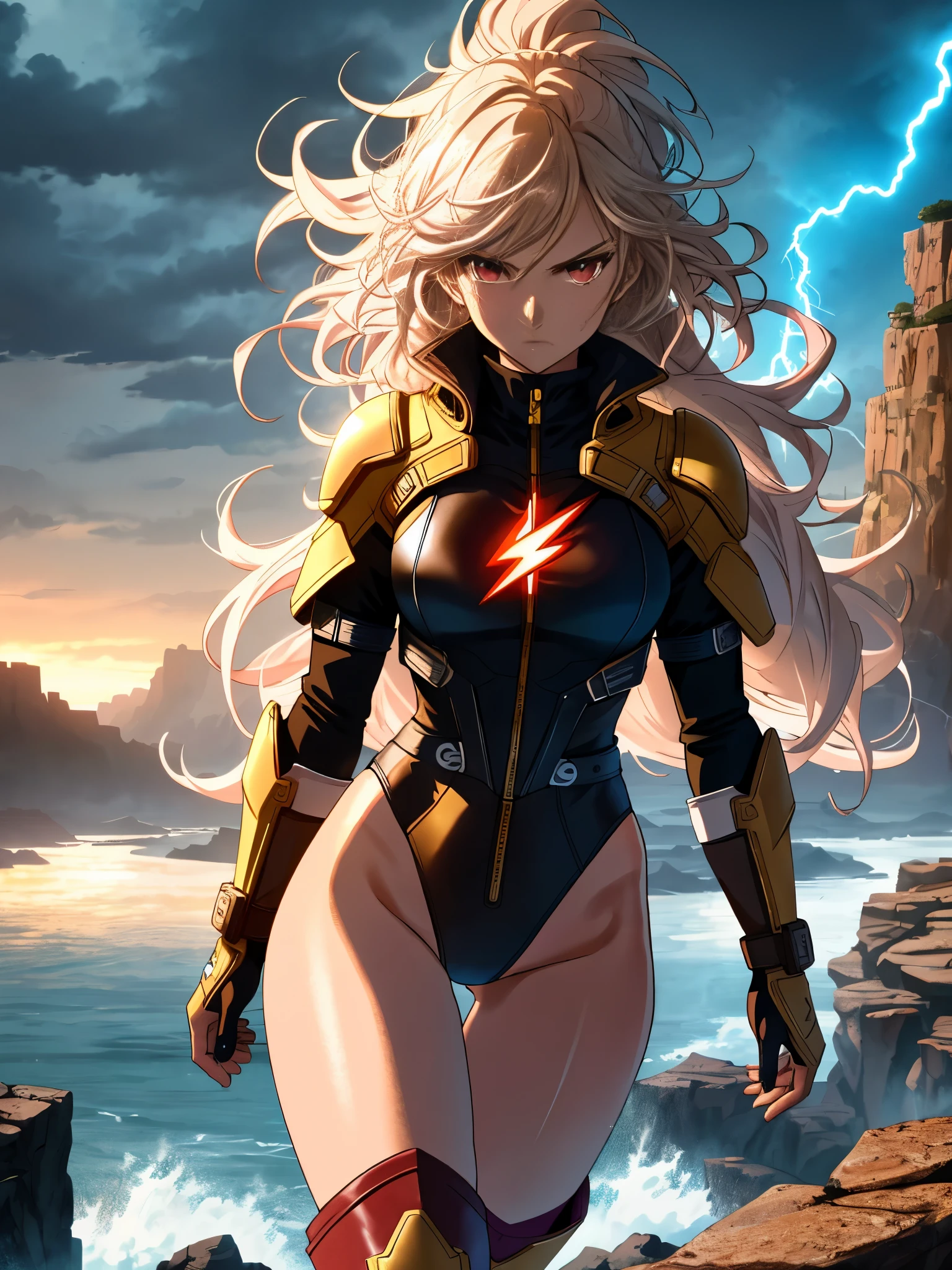 Arti future anime. cowboy shot, dirty woman supervillain standing on a cliff, stormy night, wet messy hair over eyes, red eyes, detailed brown leotard, golden tight belt, bare legs, matching boots. vixip, close-up landscape, angry. Hand drawing, cinematic lighting, highly detailed. White, brown, red. Perfect composition, masterpiece, best quality, 4k, sharp focus. perfect anatomy. (body infused with lightning) powering up, outstretched arms.