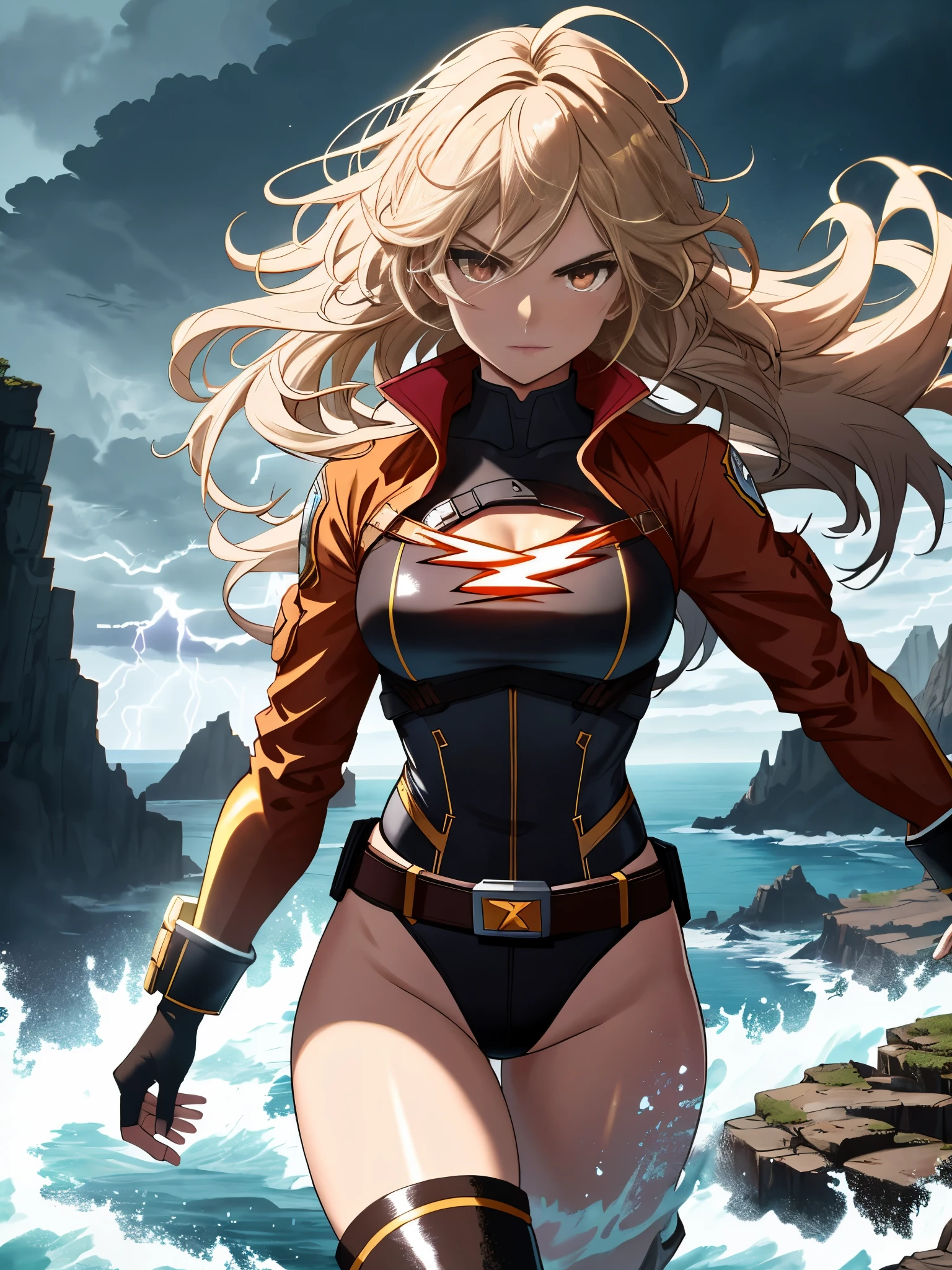 Arti future anime. cowboy shot, dirty woman supervillain standing on a cliff, stormy night, wet messy hair over eyes, red eyes, detailed brown leotard, golden tight belt, bare legs, matching boots. vixip, close-up landscape, angry. Hand drawing, cinematic lighting, highly detailed. White, brown, red. Perfect composition, masterpiece, best quality, 4k, sharp focus. perfect anatomy. (body infused with lightning) powering up, outstretched arms.