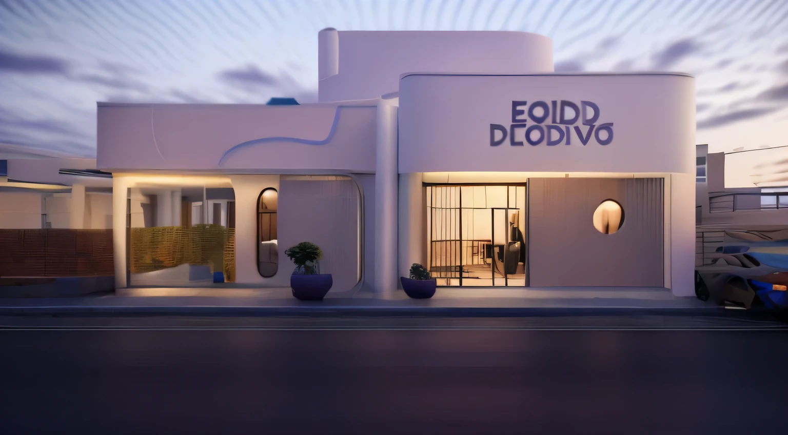rendering Drug store combined with cafe in blue sky, front view, blue and purple front view with 3d embossed wavy, middle view, vue 3d render, final render, 3d final render, render ultimate 3d, base background, front view, front view, by Kanbun Master, front perspective, rendered in 3 dsmax, front elevation view