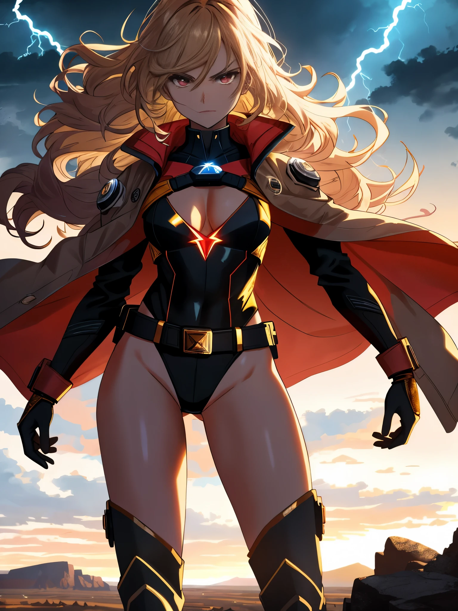 Arti future anime. cowboy shot, dirty woman supervillain standing on a cliff, stormy night, wet messy hair over eyes, red eyes, detailed brown leotard, golden tight belt, bare legs, matching boots. vixip, close-up landscape, angry. Hand drawing, cinematic lighting, highly detailed. White, brown, red. Perfect composition, masterpiece, best quality, 4k, sharp focus. perfect anatomy. (body infused with lightning) powering up, outstretched arms.