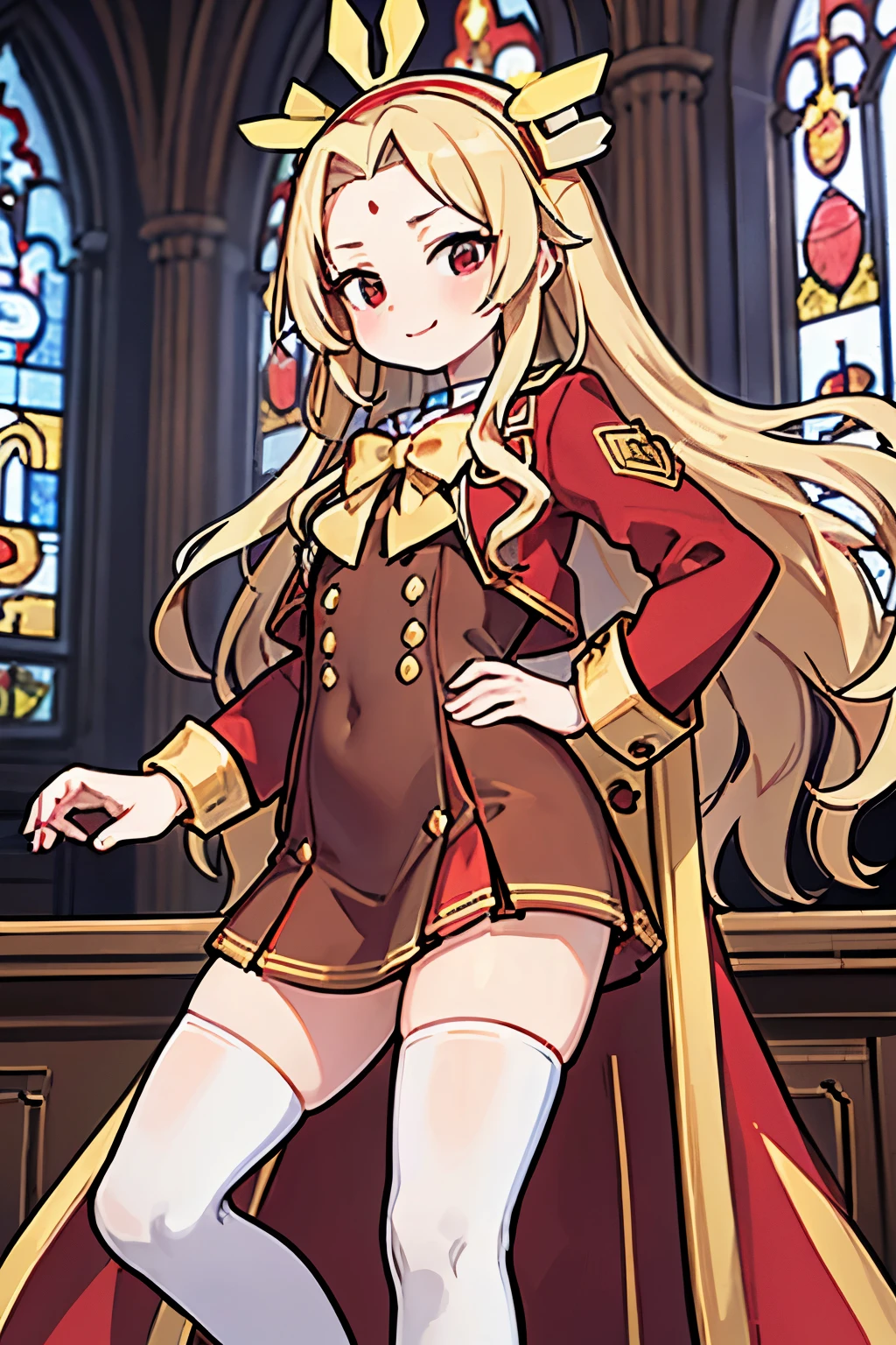 best quality, 32k, RAW photo, incredibly absurdres, extremely detailed, 18 years old elegant beauty, glossy blonde wavy hair, (forehead), golden headband, happy, smile, shy, silly expression, big shining red eyes, superlative body proportion, (wearing red, white and gold long jacket magic school uniform, brown miniskirt, brown knee-high socks:1.3), thighs, background high ceiling church cathedral, stained glass