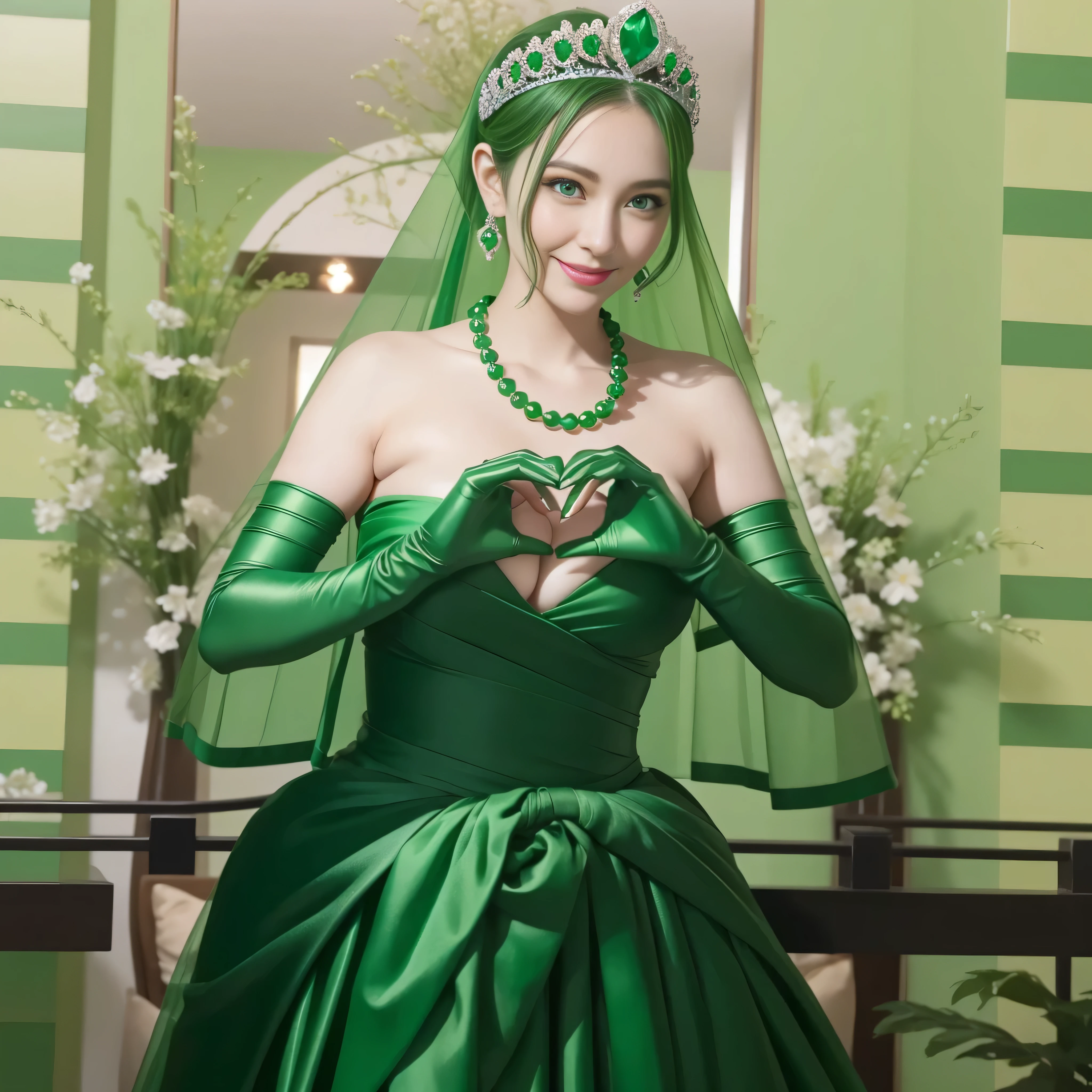 emerald tiara, Green Pearl Necklace, ボーイッシュな非常に短いgreen hair, green lips, smiling Japanese woman, very short hair,  Beautiful woman with big breasts, green eyes, green satin long gloves, green eyes, emerald earrings, Green veil, Heart with both hands, green hair, beautiful japanese woman, heart shaped hands:1.3, green lip gloss