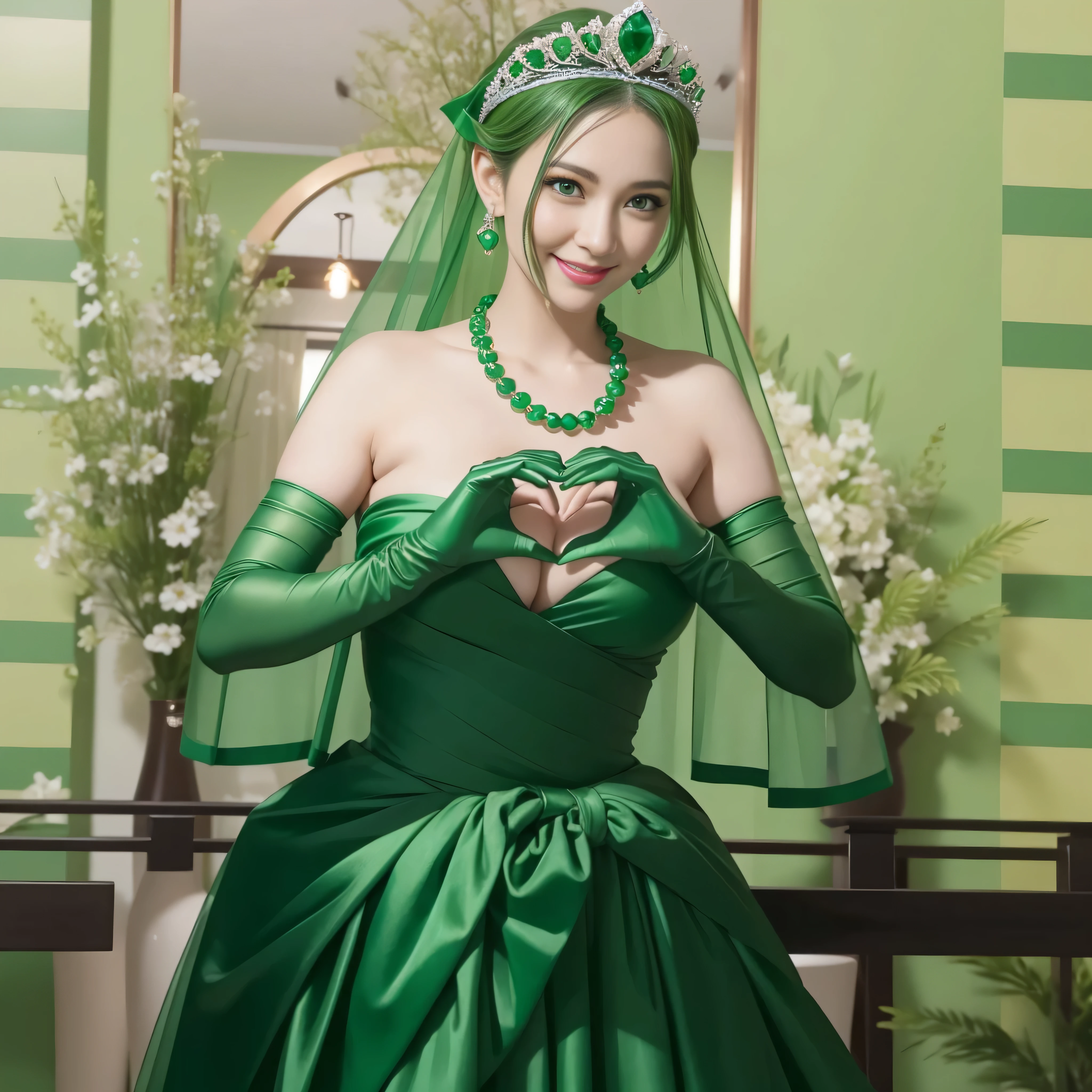 emerald tiara, Green Pearl Necklace, ボーイッシュな非常に短いgreen hair, green lips, smiling Japanese woman, very short hair,  Beautiful woman with big breasts, green eyes, green satin long gloves, green eyes, emerald earrings, Green veil, Heart with both hands, green hair, beautiful japanese woman, heart shaped hands:1.3, green lip gloss