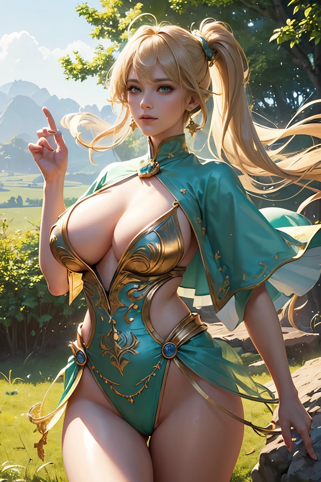 (official art, unity 8k wallpaper, ultra detailed, beautiful and aesthetic, High quality, beautiful, masterpiece, best quality:1.3), (beautiful face, beautiful eyes, skinny skin, oily skin:1.3), (cowboy shot, face focus, close-up face:1.5), (octane render, photorealistic, hyperrealistic:1.5), sunlight, (shiny), (clothes reflecting light), (lens flare), (bloom effect), light particle, (dynamic angle, dynamic pose:1.3), masterpiece, extremely magnificent view, extremely best quality, extremely detailed CG, high resolution, 16k wallpaper, perspective, highly detailed face, highly detailed eyes, perfect anatomy, super detailed skin, (dynamic angle, dynamic pose:1.3), (blowing wind, flowing a hair:1.3), (Woods background:1.3), (official art:1.5),  and cute , Blonde twin-tails hair with blunt bangs, Ahoge, Hair ornament, green eyes, Crystal earrings, ( with big breast), with thighs, green poncho with White atelier, gold accessories, cute smile, 