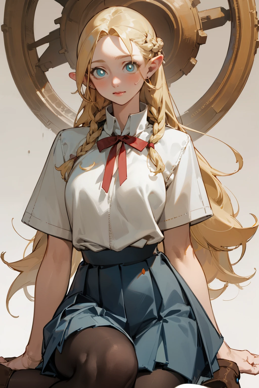 (masterpiece, best quality) detailed, Wearing black tights, silver accessories , blonde ,elegant, pointed ears ，white shirt，torn clothes，pleated skirt