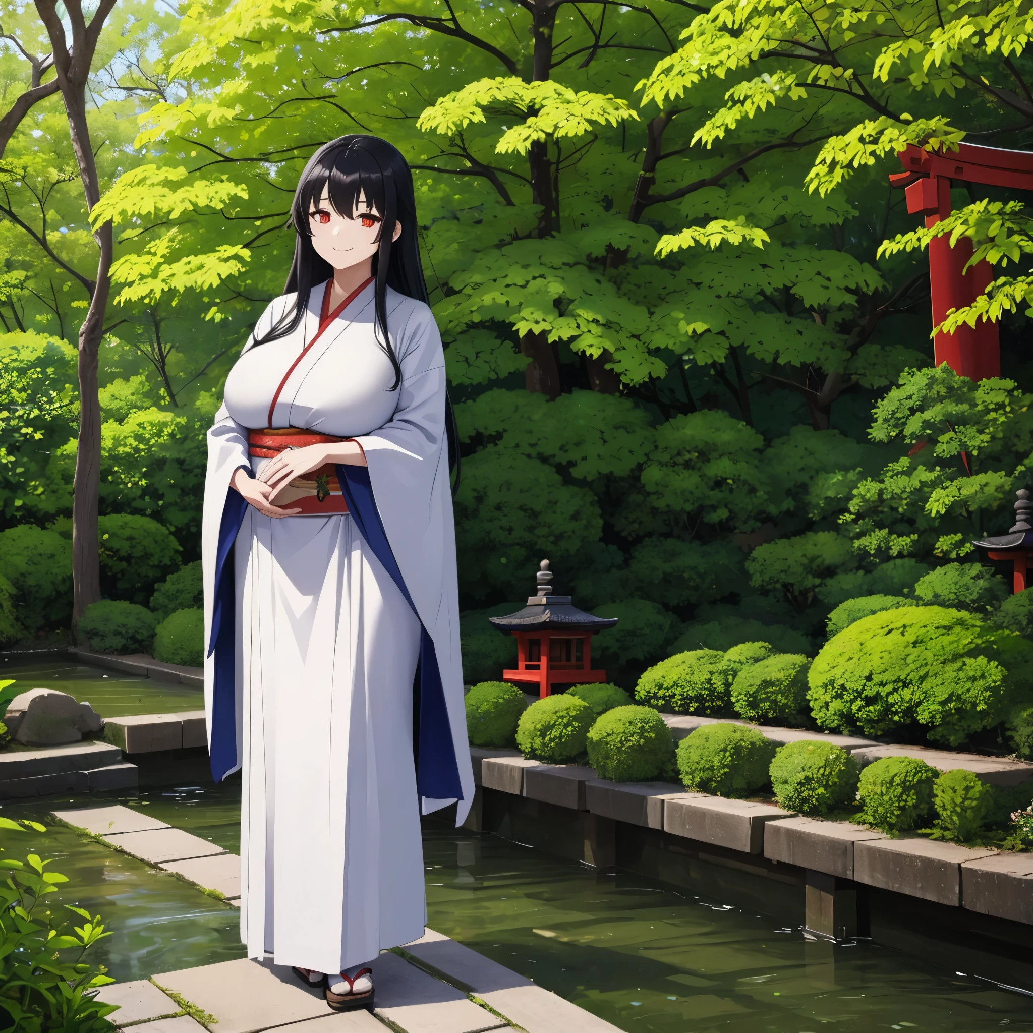 a woman wearing a priestess kimono, long skirt, in a Japanese garden, big breast, smiles, long black hair, red eyes.
