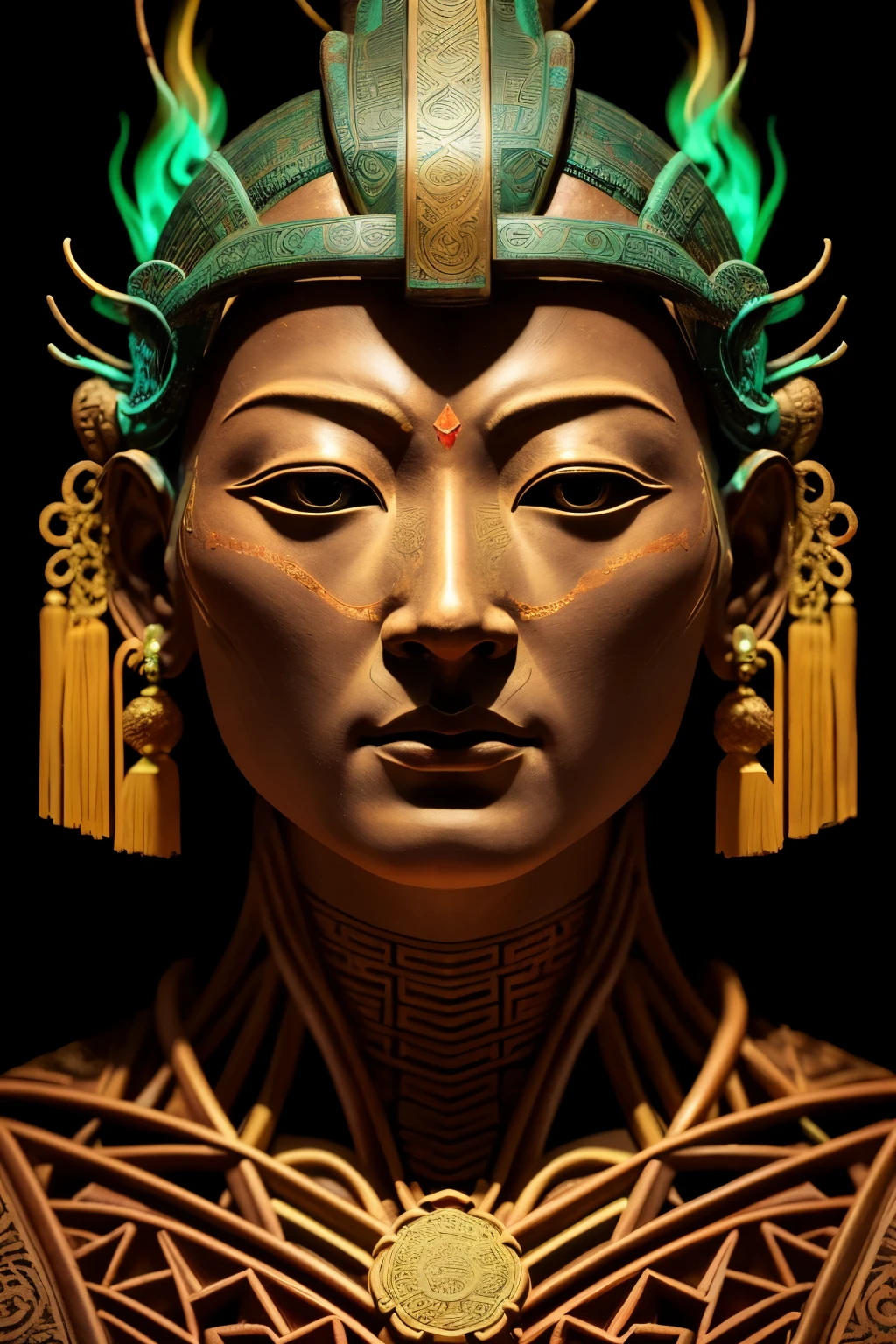 A very close-up portrait of an ancient Asian statue, meticulously crafted in realistic 3D rendering. The skin of the statue is intricately textured, resembling old, rough black birch bark. Red lightning pours out from the cracks, adding an element of mystery and energy. Sharp, piercing green eyes stare intensely, capturing the viewer's attention. The musculoskeletal anatomy is detailed, each muscle and bone structure visible in its intricate complexity. This cinematic depiction showcases a unique perspective and surrealist drawing technique. The background is magical, filled with bright tones and repeating ancient Chinese fractal patterns, adding