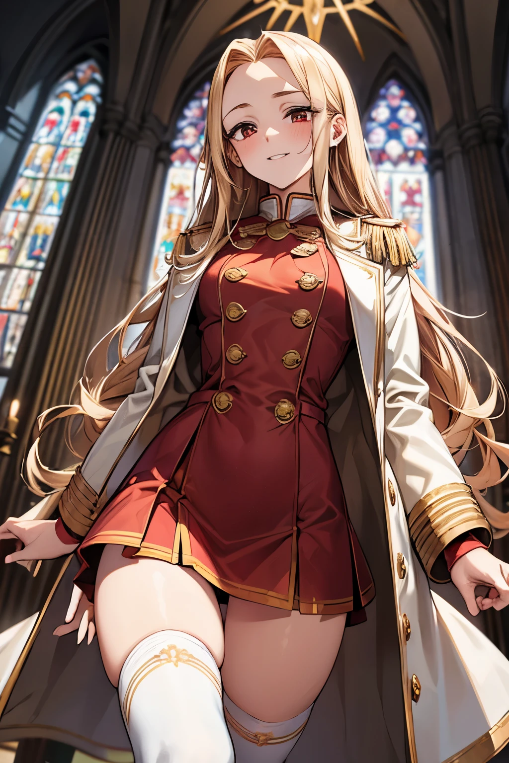best quality, 32k, RAW photo, incredibly absurdres, extremely detailed, 18 years old elegant beauty, glossy blonde wavy hair, (forehead), golden headband, happy, smile, shy, silly expression, big shining red eyes, superlative body proportion, (wearing red, white and gold long jacket magic school uniform, brown miniskirt, brown knee-high socks:1.3), thighs, background high ceiling church cathedral, stained glass