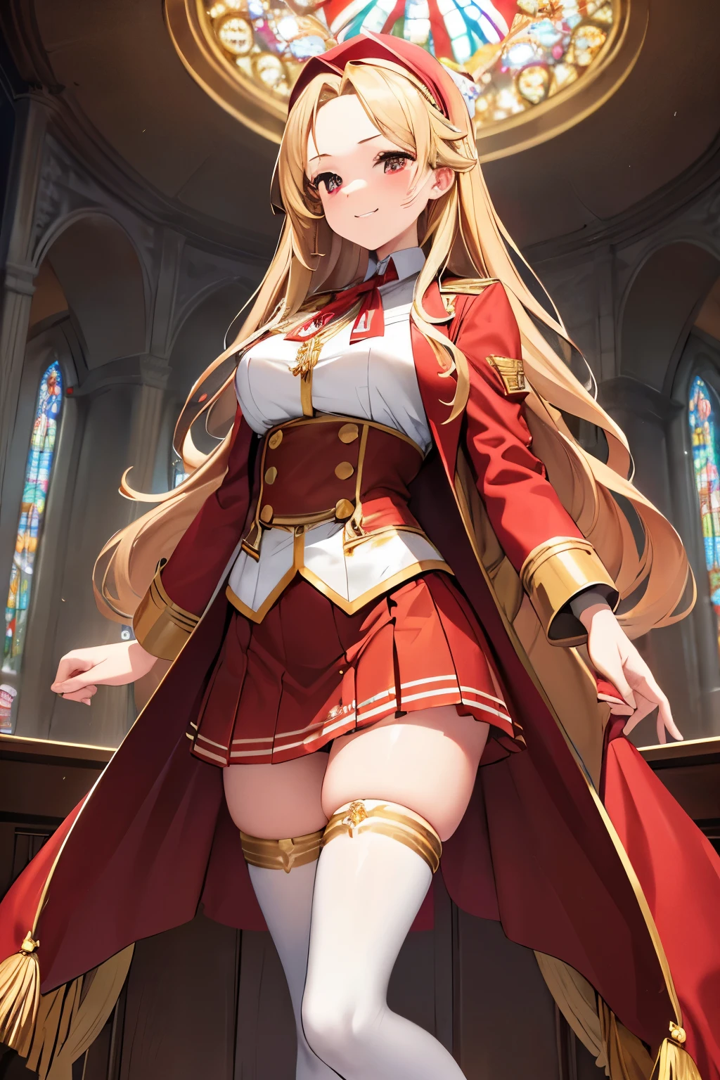 best quality, 32k, RAW photo, incredibly absurdres, extremely detailed, 18 years old elegant beauty, glossy blonde wavy hair, (forehead), golden headband, happy, smile, shy, silly expression, big shining red eyes, superlative body proportion, (wearing red, white and gold long jacket magic school uniform, brown miniskirt, brown knee-high socks:1.3), thighs, background high ceiling church cathedral, stained glass