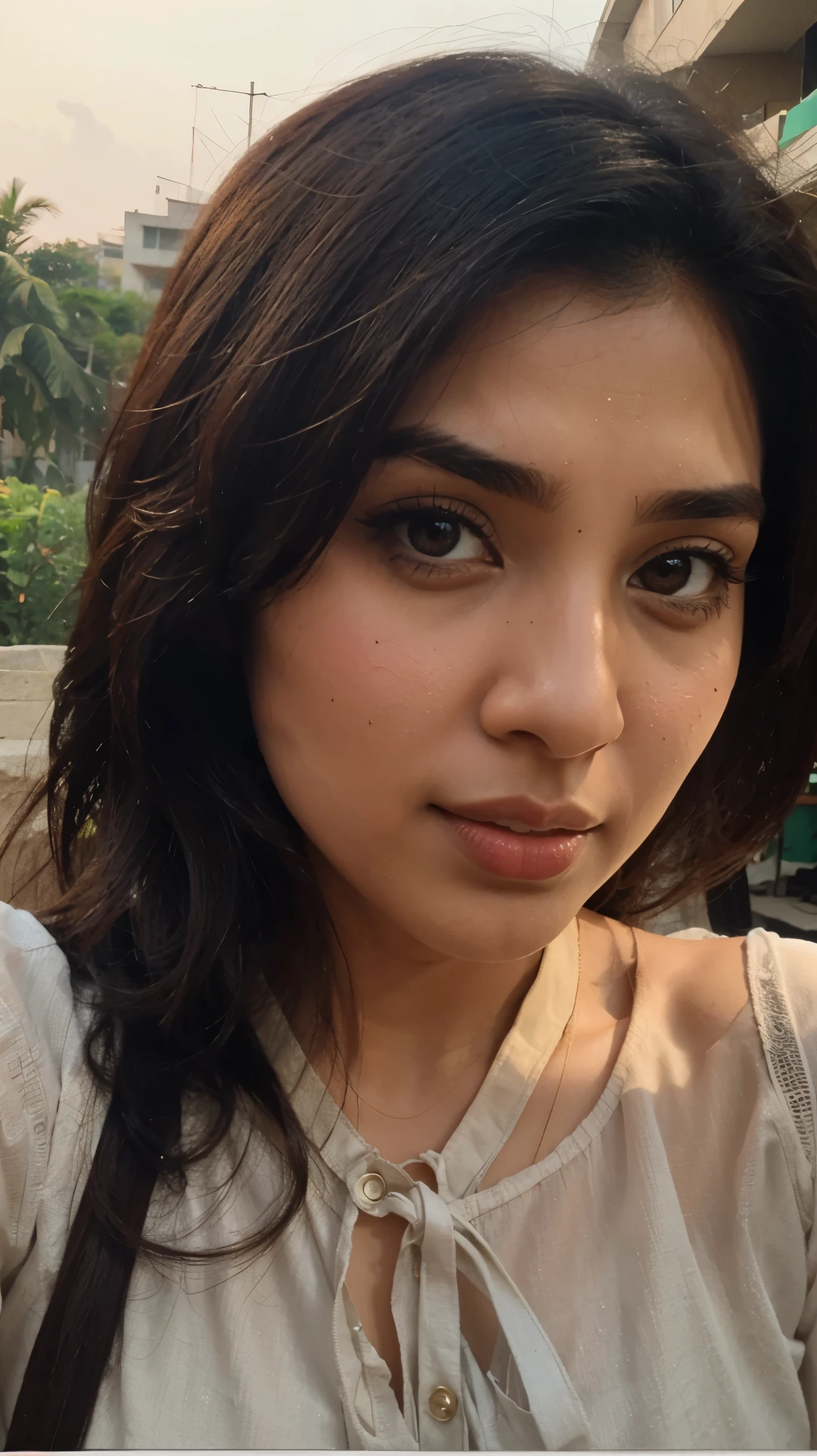 Pakistani actress, pinterest, taking a selfie, Indonesia background, hand hidden, light skin, no hand shown, half body, close up, amateur