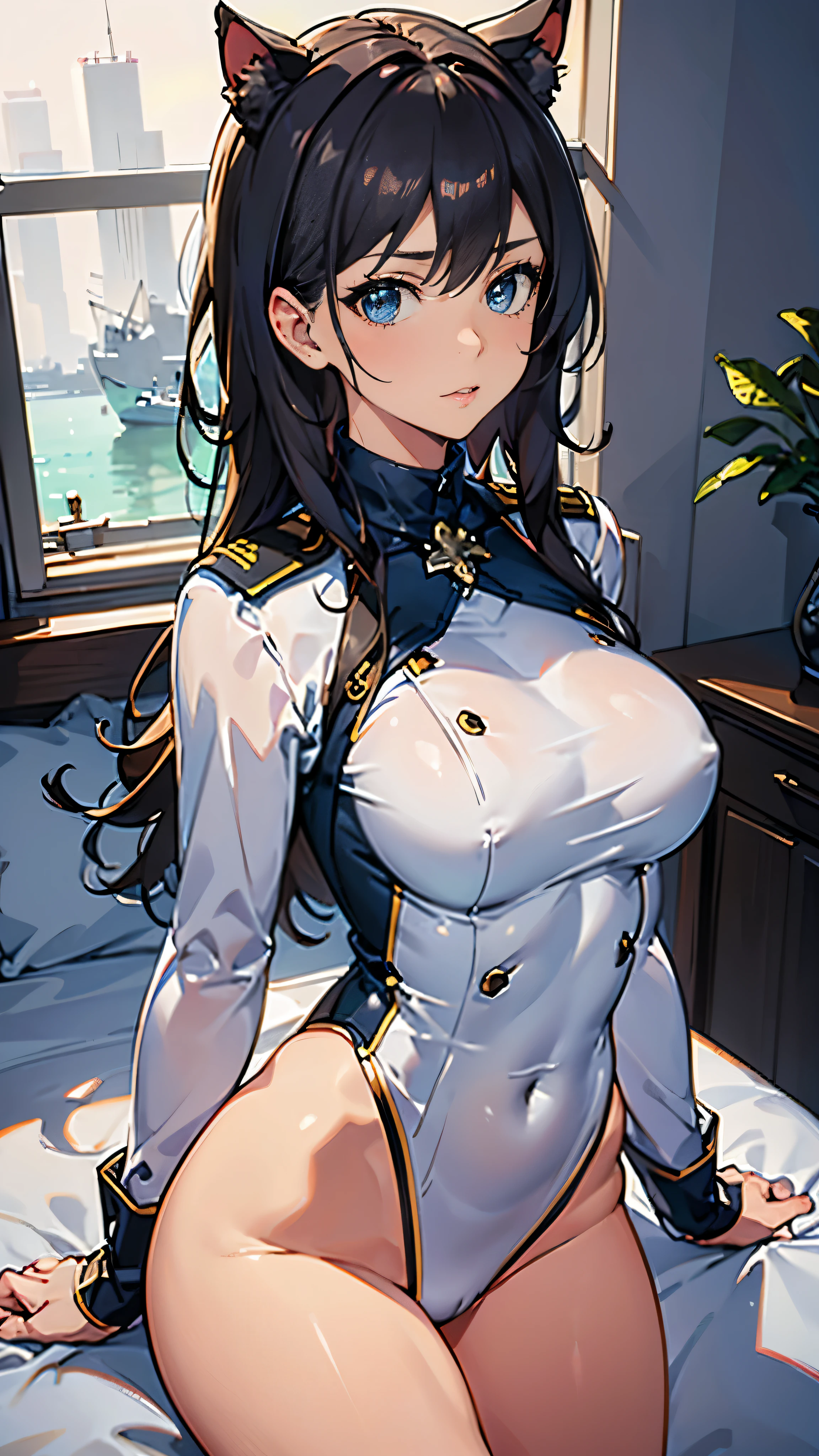 (masterpiece, best quality, RAW photo, intricate details) portrait, head and shoulders, 1girl / Atago / medium dark hair, blues eyes, cat ears, large breasts, curvaceous, (wearing white admirals uniform), seaport background, blue sky, Azur lane, catgirl, admiralty, medals, academy, military, marine, navy