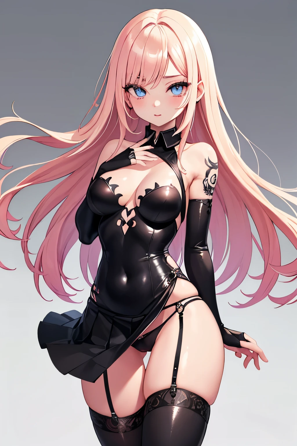 1girl, anime, cute girl, blank background, white background, fantasy, detailed fantasy dress with highlights, beautiful face, beautiful eyes, dark colors, pink hair with some streaks of blue strands, different color pupil in eye, medium small breasts (slightly big), slight cleavage, beautiful skin, cute, breast curtains, extremely delicate and beautiful, (beautiful detailed face:1.0), (detailed deep eyes), symmetrical breasts, deep eyes, shiny skin, portrait, slender waist, hips wider than shoulders, thighs, expressionless, young girl, luminous eyes, adorable，（Kpop idol）,（aegyo sal：1），（Platinum blonde hair：1），（（puffy eye）），Black panty，sexy posture，Superskirt, ultra high resolution，Black collar，slim figure, Abdominal y tattoo, womb tattoo，Tight-fitting leg ring，y tattoo on half-body，Bare skin, Armored hand，Hidden fingertips，Hand covered，Arm covered，Fist covered,{{beautiful detailed fingers}}, tufts of hair, moderate beautiful breast:1.0,