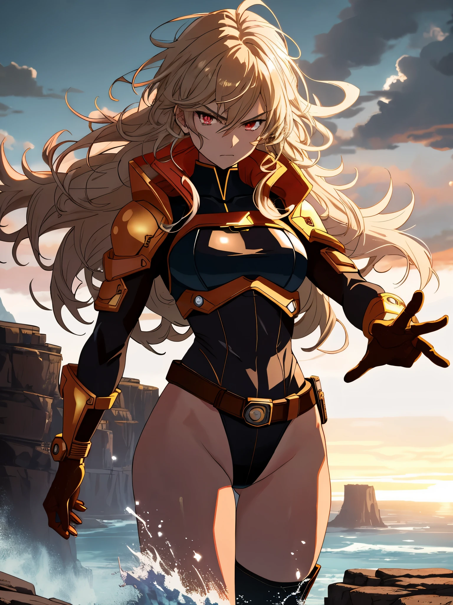 Arti future anime. cowboy shot, dirty woman supervillain standing on a cliff, stormy night, wet messy hair over eyes, red eyes, detailed brown leotard, golden tight belt, bare legs, matching boots. vixip, close-up landscape, angry. Hand drawing, cinematic lighting, highly detailed. White, brown, red. Perfect composition, masterpiece, best quality, 4k, sharp focus. perfect anatomy. (body infused with lightning) powering up, outstretched arms.