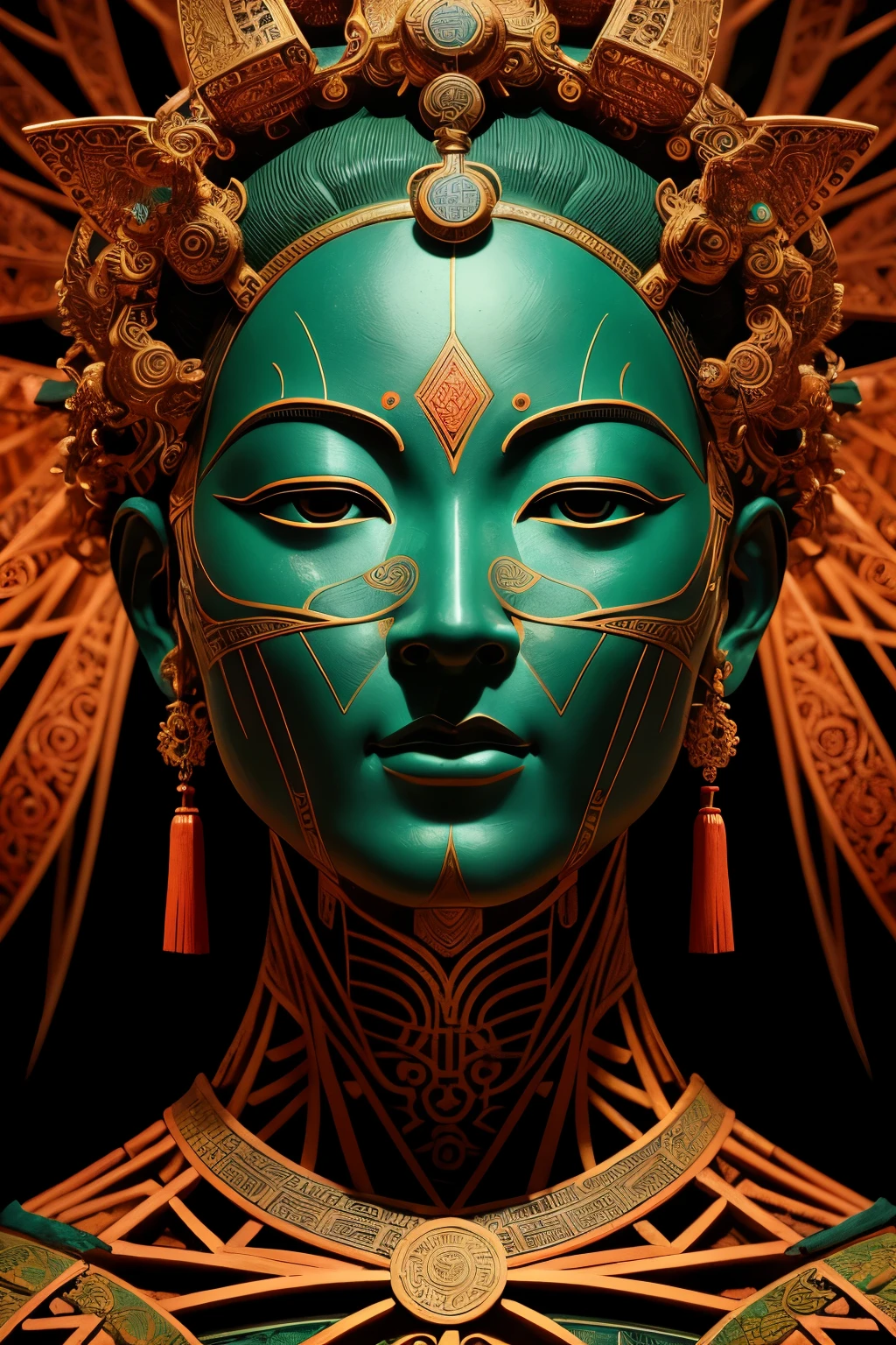 A very close-up portrait of an ancient Asian statue, meticulously crafted in realistic 3D rendering. The skin of the statue is intricately textured, resembling old, rough black birch bark. Red lightning pours out from the cracks, adding an element of mystery and energy. Sharp, piercing green eyes stare intensely, capturing the viewer's attention. The musculoskeletal anatomy is detailed, each muscle and bone structure visible in its intricate complexity. This cinematic depiction showcases a unique perspective and surrealist drawing technique. The background is magical, filled with bright tones and repeating ancient Chinese fractal patterns, adding