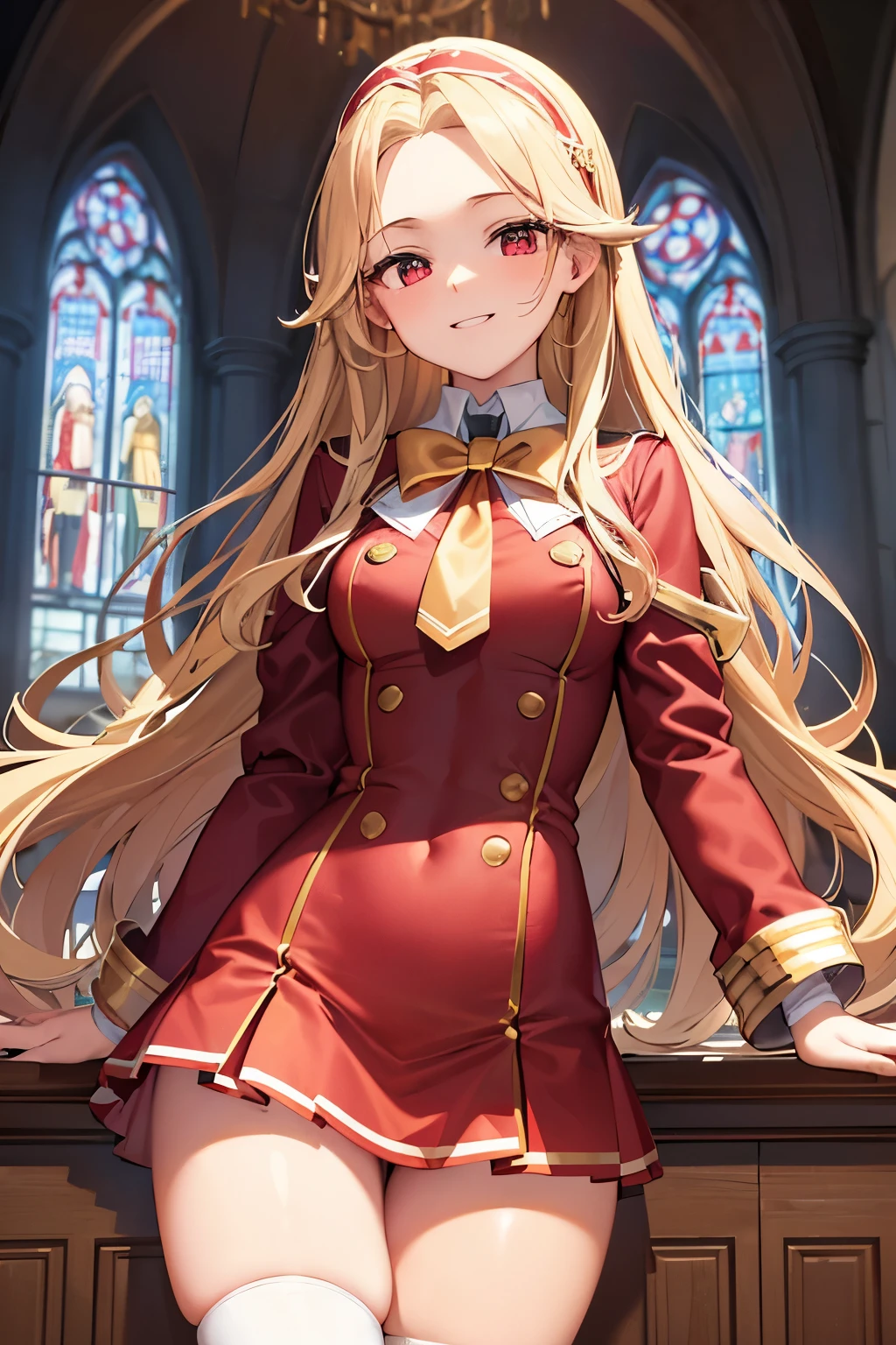 best quality, 32k, RAW photo, incredibly absurdres, extremely detailed, 18 years old elegant beauty, glossy blonde wavy hair, (forehead), golden headband, happy, smile, shy, silly expression, big shining red eyes, superlative body proportion, (wearing red, white and gold long jacket magic school uniform, brown miniskirt, brown knee-high socks:1.3), thighs, background high ceiling church cathedral, stained glass