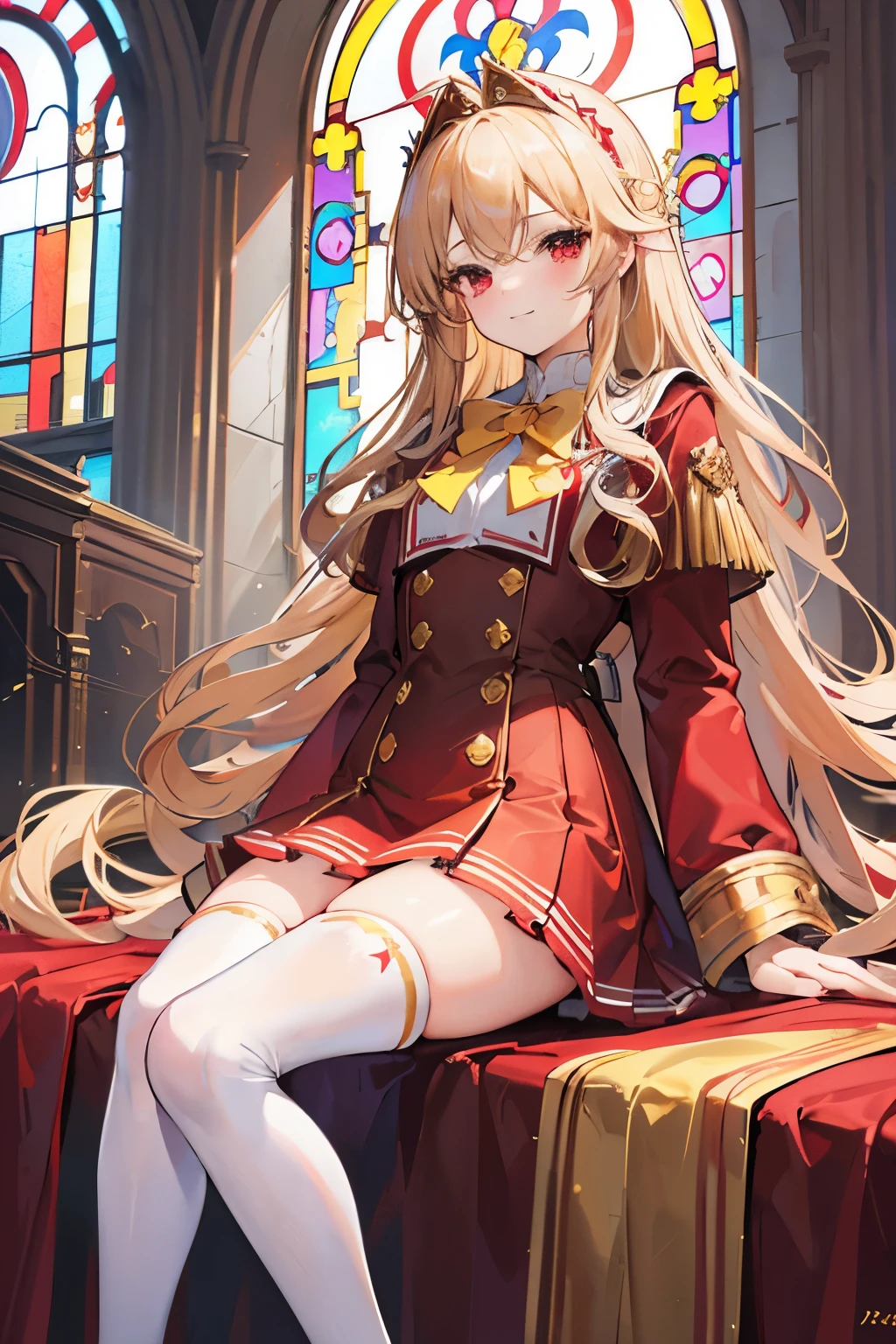best quality, 32k, RAW photo, incredibly absurdres, extremely detailed, 18 years old elegant beauty, glossy blonde wavy hair, (forehead), golden headband, happy, smile, shy, silly expression, big shining red eyes, superlative body proportion, (wearing red, white and gold long jacket magic school uniform, brown miniskirt, brown knee-high socks:1.3), thighs, background high ceiling church cathedral, stained glass