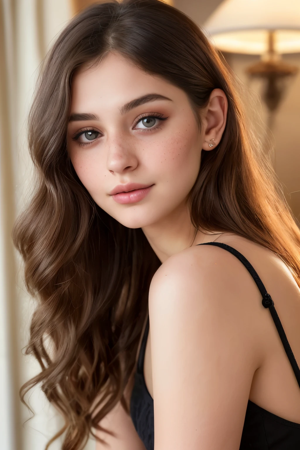 Indian white girl, 24, Solo, Long natural brown hair cascading down her shoulders, framing her face with soft curls. Black color eyes, filled with depth and intrigue, accentuated by a delicate mole at the corner of her full lips.┐бургерменю Such a breathtaking scene, captured in an 8k resolution. The sweet makeup enhances her beauty, adding a gentle blush to her cheeks and a subtle shimmer to her eyes. The lighting is beautiful, creating soft shadows that dance across her features, bringing out the inherent radiance of her skin. This photorealistic image captures every detail, from the freckles dusted across her nose to the