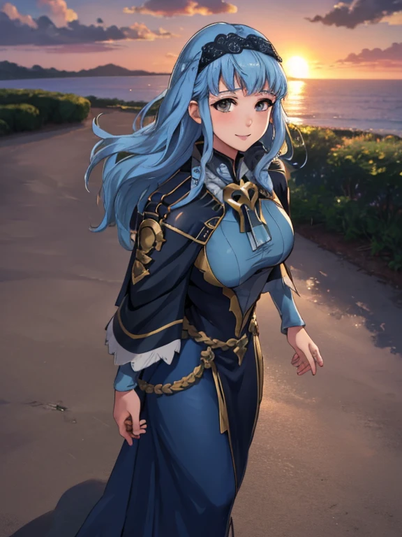 (super detailed)), ((highest quality)), ((highest quality)), ((beautiful eyes)), ((very detailed)), 4k, (8k), highest quality, (beautiful), 1 girl, alone, wide shot, looking at the viewer:1.3), Are standing, marianne_hope, long hair, blue clothes, capelet, hair band, put your hand on your heart,big and full breasts, perfect body, smile, outdoors, cloud, null, sunset, cutscene,Fire emblem, good quality