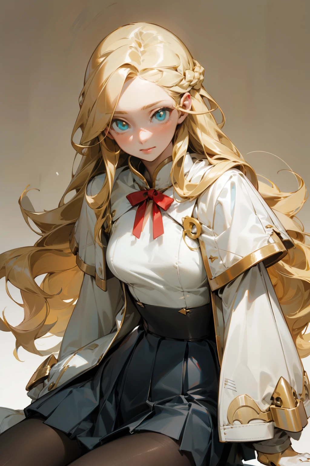 pantyhose,pleated skirt,white top,boots, fashion clothing,long golden hair, bust and waist,beautiful blonde,(masterpiece),((best quality)),(super detailed),(beautiful eyes beautiful details eyes,Clean and delicate face)