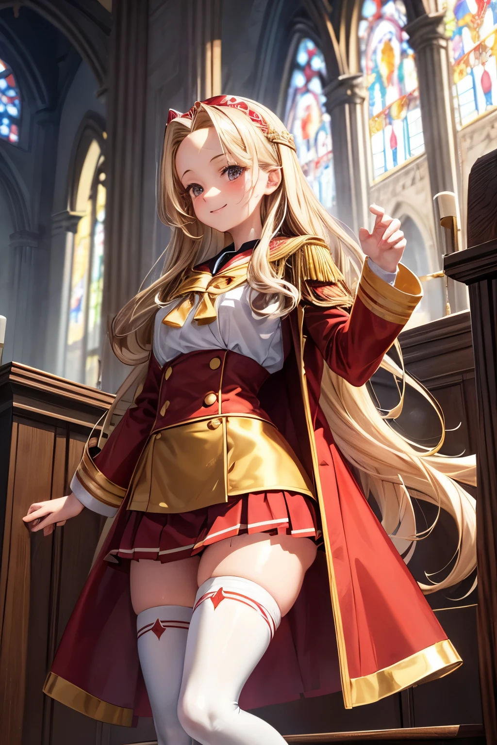 best quality, 32k, RAW photo, incredibly absurdres, extremely detailed, 18 years old elegant beauty, glossy blonde wavy hair, (forehead), golden headband, happy, smile, shy, silly expression, big shining red eyes, superlative body proportion, (wearing red, white and gold long jacket magic school uniform, brown miniskirt, brown knee-high socks:1.3), thighs, background high ceiling church cathedral, stained glass