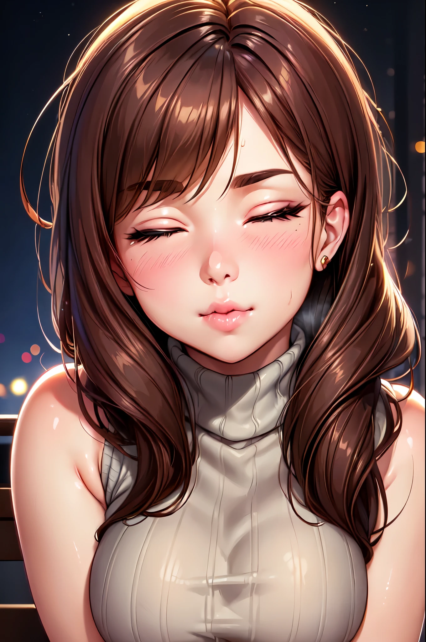score_9, score_8_up, score_7_up, score_6_up, score_5_up, score_4_up, nari, black eyes, brown hair, slightly disheveled hair bun, masterpiece, best quality, ultra-detailed, higres, 1girl, mature female, beautiful and perfect face, detailed eyes, detailed eyelashes, full-face blush, close mouth, pretty face cute, cute mature adult woman, mature milf cute face, beautiful and cute adult woman's face, cute face, pov hand, saliva, finger in another's mouth, perfect hands, 1girl, blush, ginger, from front, close shot