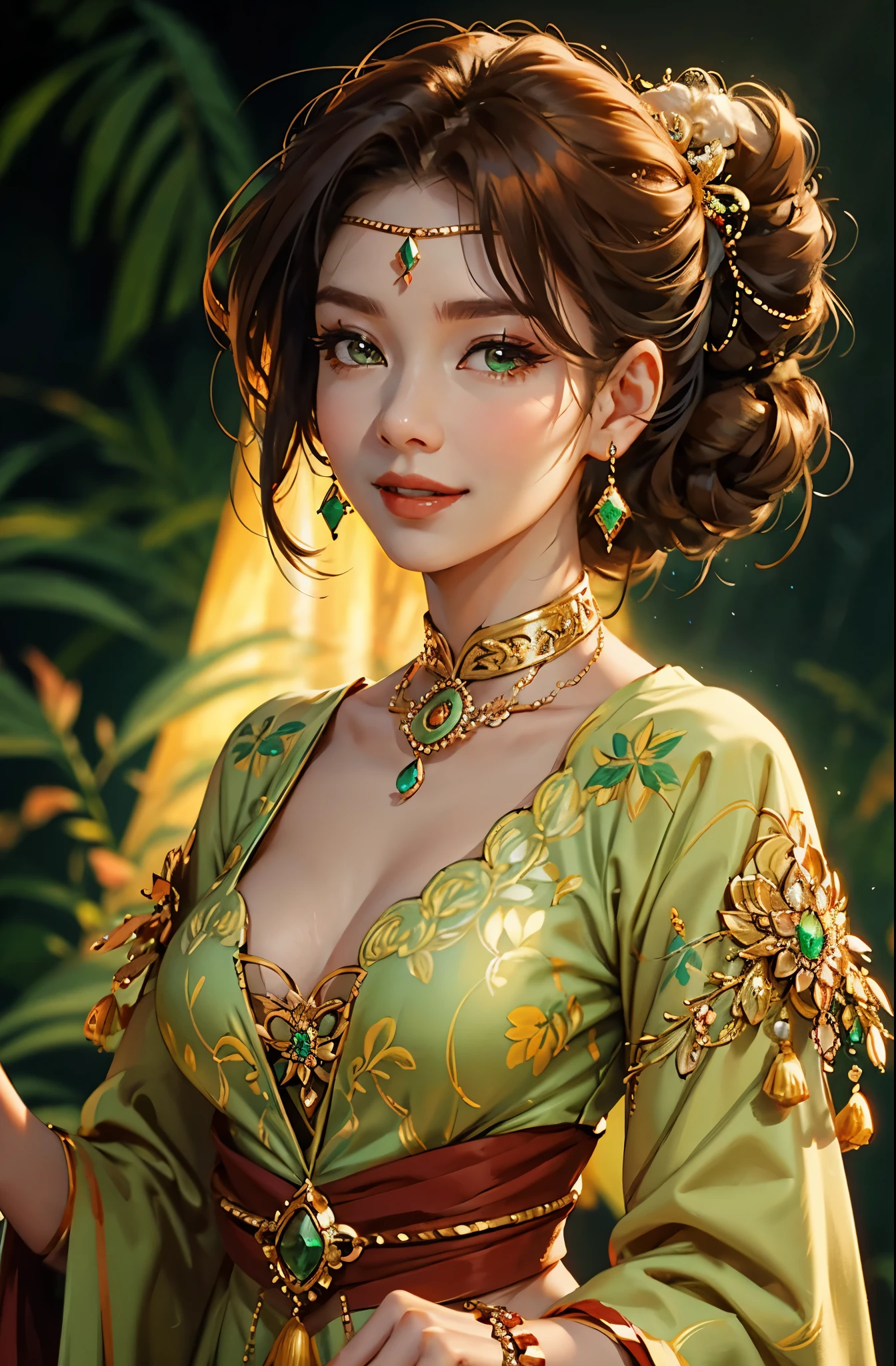 Beautiful mature Asian woman, detailed finger, beautiful hand, hyper realistic, 1 woman, brunette color hair,neatly tied updo hair,emerald green eyes, Super detailed face, Detailed lips, Detailed eyes, Single Eyelids, diamond earrings, chocker, bracelet, Red lips, smile, extravagant jewelry
