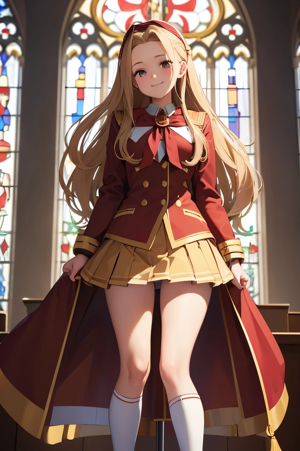best quality, 32k, RAW photo, incredibly absurdres, extremely detailed, 18 years old elegant beauty, glossy blonde wavy hair, (forehead), golden headband, happy, smile, shy, silly expression, big shining red eyes, superlative body proportion, (wearing red, white and gold long jacket magic school uniform, brown miniskirt, brown knee-high socks:1.3), thighs, background high ceiling church cathedral, stained glass