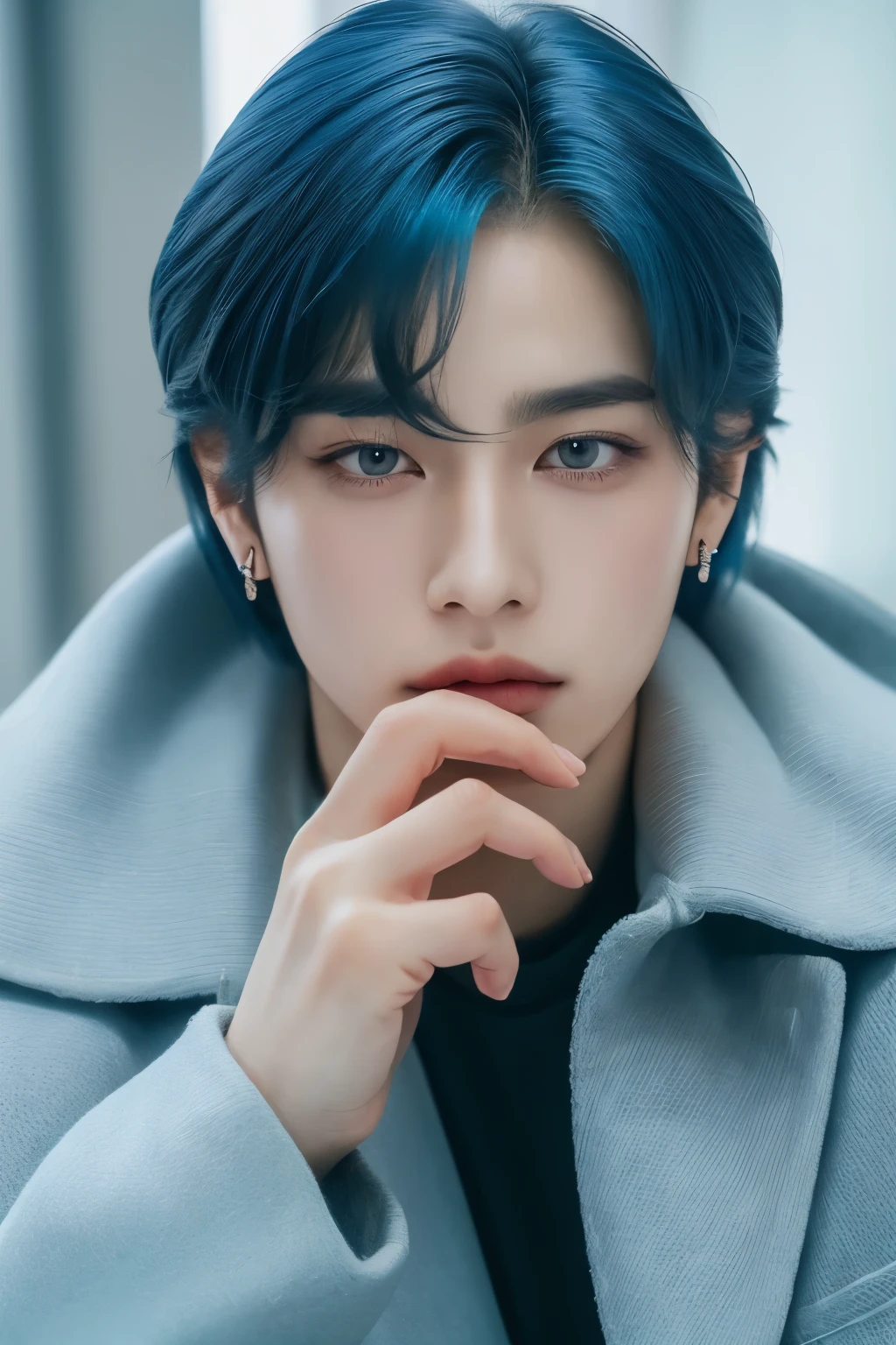master piece, highest quality, High resolution, solo,spread your hands,((Ulzzang)),((bad boy)),sexy look,I can see the whole body,((Is the whole body in the frame?)),((male)),((coat)),(earrings),((sensual eyes)),((Gundam in the background)),((hand pose)),(lens 70mm),((perfect hands)),((blue hair))、Hyunjin