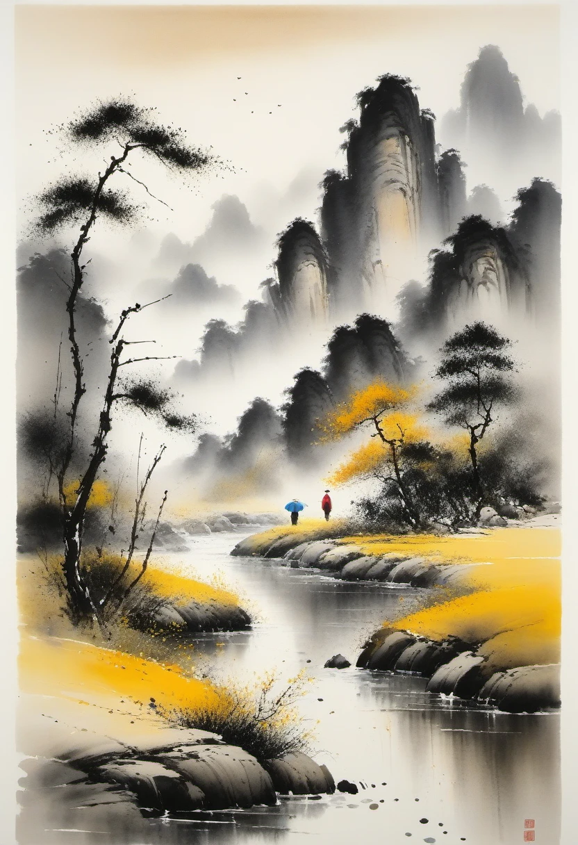 (best quality,highres,ultra-detailed,realistic:1.2),Wu Guanzhong style,Chinese traditional ink painting technique,combination of Western painting concepts,emerging young artist supported by Wu Guanzhong,portraying a contemporary interpretation of traditional subjects through the fusion of traditional and modern elements,expressing unique visual effects through color and line,illustration,meticulously detailed brushwork,subtle ink washes,contrast of light and dark,harmonious composition,abstract realism concept,delicate textures,portraits,landscape,inspired by nature,mysterious atmosphere,vivid colors,subtle tonal variations,soft natural lighting