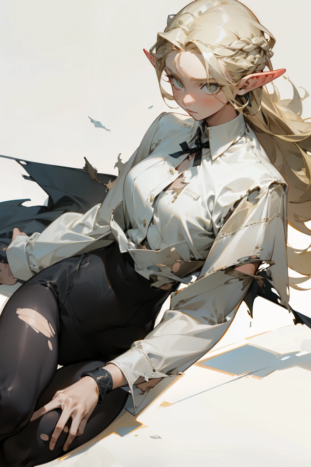 (masterpiece, best quality) detailed, Wearing black tights, silver accessories , blonde ,elegant, pointed ears ，white shirt，torn clothes，pleated skirt