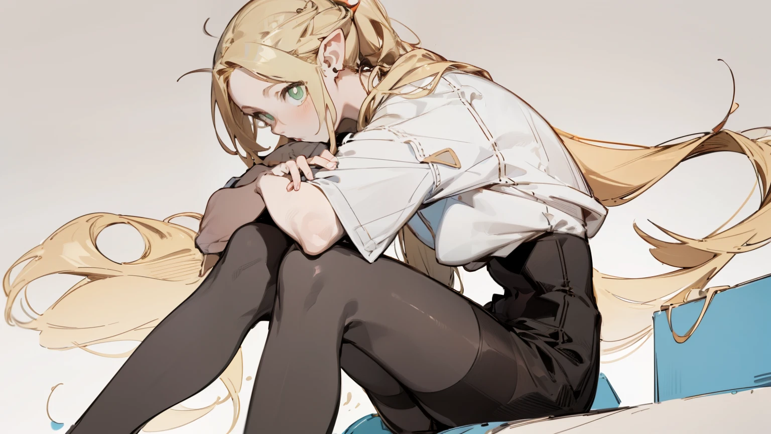 pantyhose， pop color，（whole body，blonde）long blonde hair，single ponytail，high ponytail， bust and waist,white top，High heel，whole body，sitting position