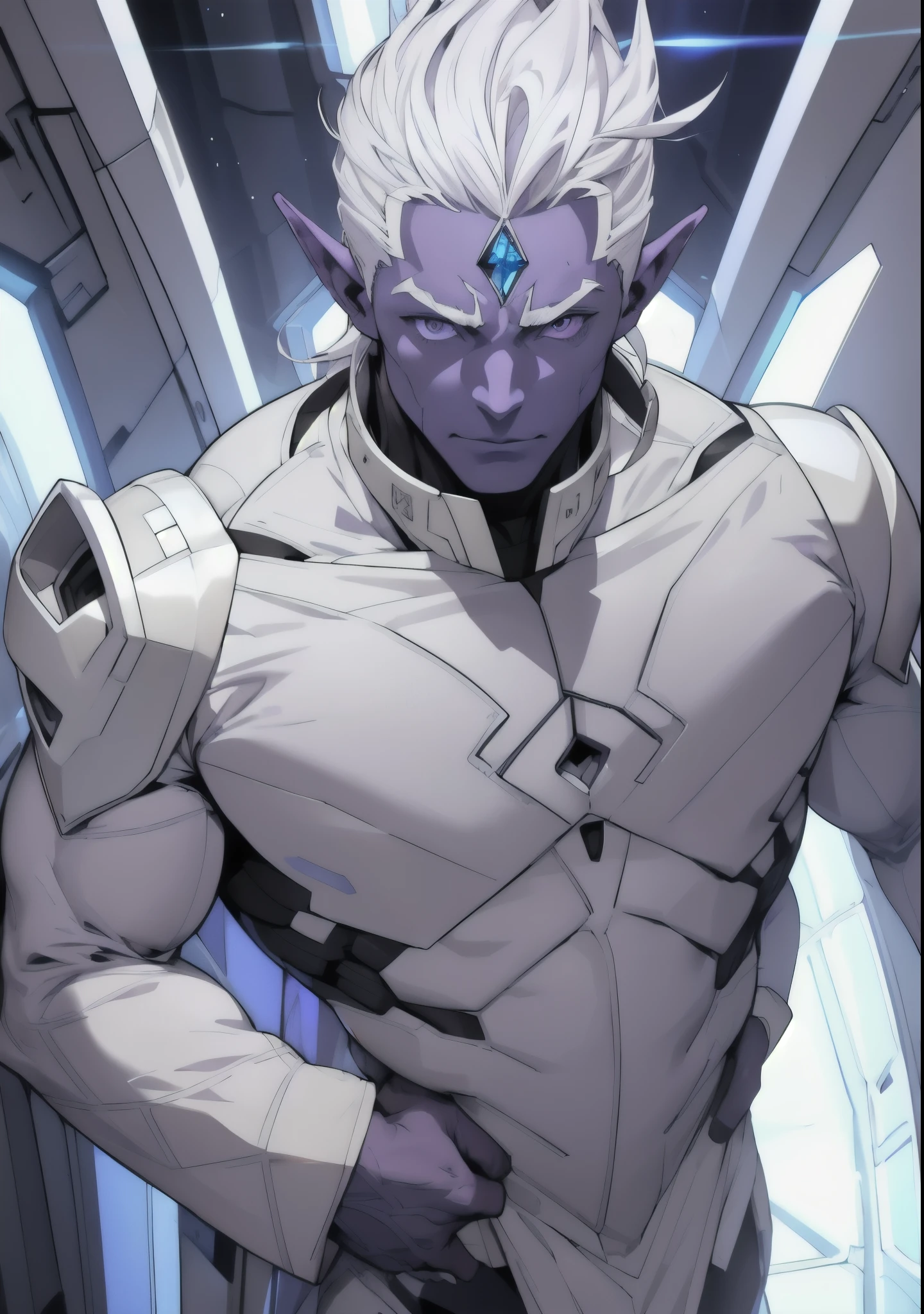 (masterpiece, best quality ), 1man, muscular, PURPLE skin, grey eyes, white hair, intricate, (inside huge white spaceship), pointy ears, blue diamond attached to his forehead, full body, military