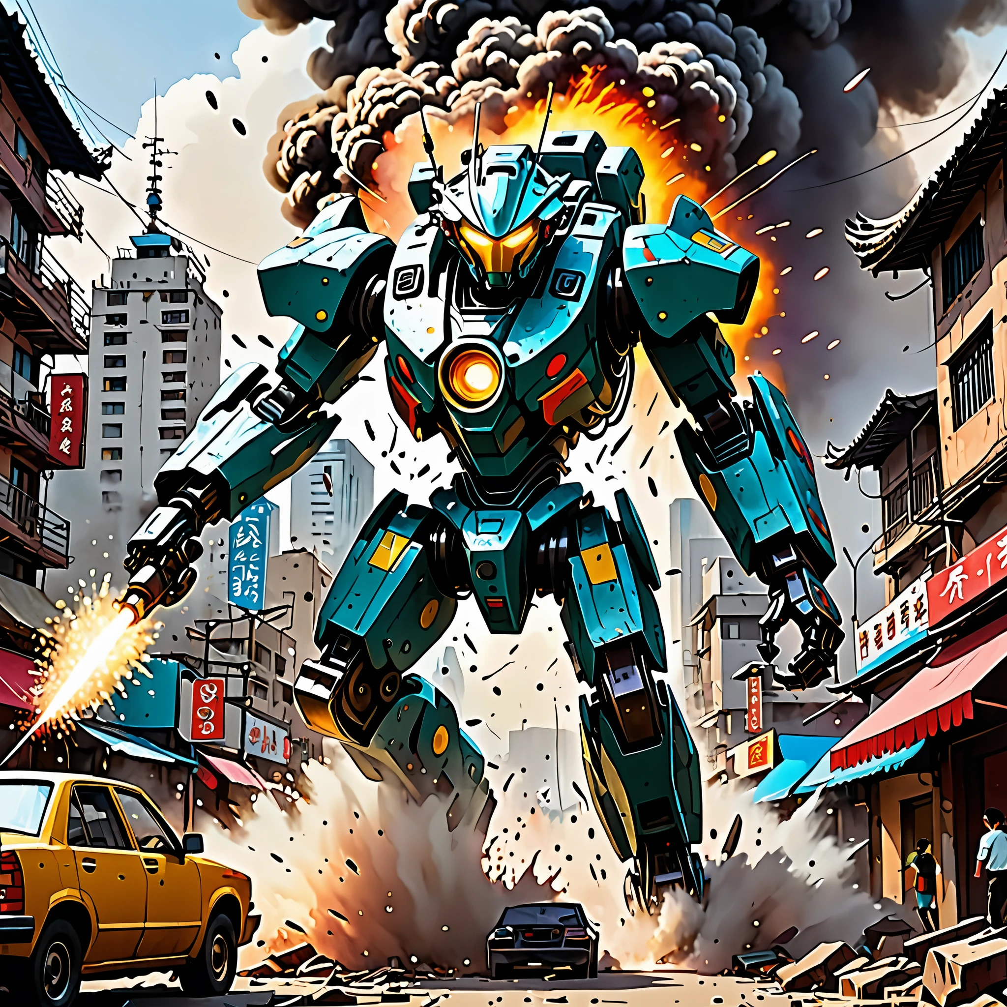 (best quality,4k,highres), (realistic:1.37), ultra-detailed, (professional), (vivid colors), (bokeh), vintage paper texture, Wu Guanzhong's art style, dynamic brush strokes, intense battle scene, intricate details, power-packed punches and kicks, towering buildings crumbling, vibrant explosions, energy bolts and beams, sparks and smoke, dramatic lighting, intense facial expressions, determined robot pilot, menacing alien beast, epic struggle of good vs evil, frenetic action, deep perspectives, attention to anatomy and proportions