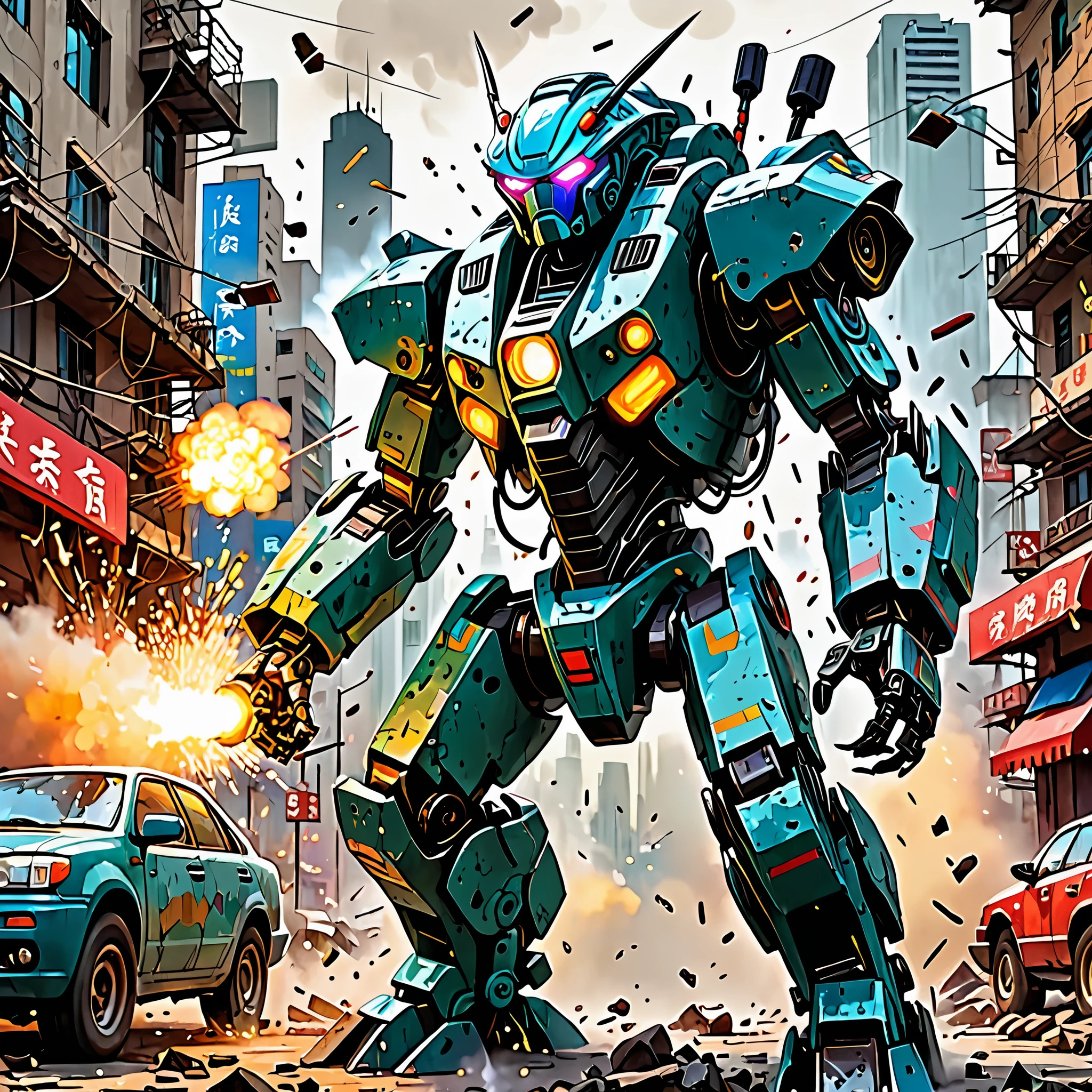 (best quality,4k,highres), (realistic:1.37), ultra-detailed, (professional), (vivid colors), (bokeh), vintage paper texture, Wu Guanzhong's art style, dynamic brush strokes, intense battle scene, intricate details, power-packed punches and kicks, towering buildings crumbling, vibrant explosions, energy bolts and beams, sparks and smoke, dramatic lighting, intense facial expressions, determined robot pilot, menacing alien beast, epic struggle of good vs evil, frenetic action, deep perspectives, attention to anatomy and proportions