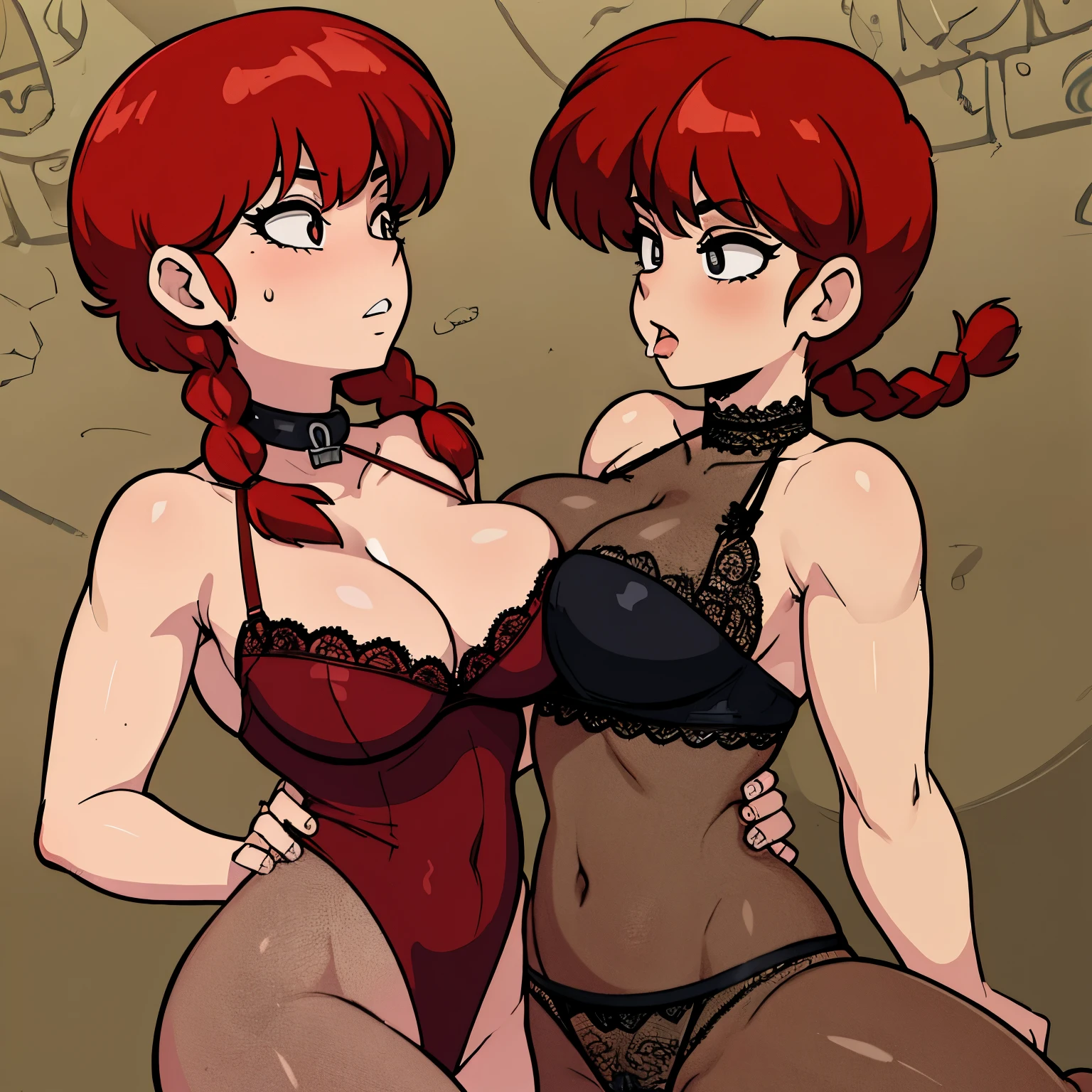 RanmaChan, Cabello rojo corto, sacando la lengua, pechos grandes, cuerpo completo, collar, black sexy lace lingerie, penetracion, sexo vaginal, pose vulgar, semen, sexo duro