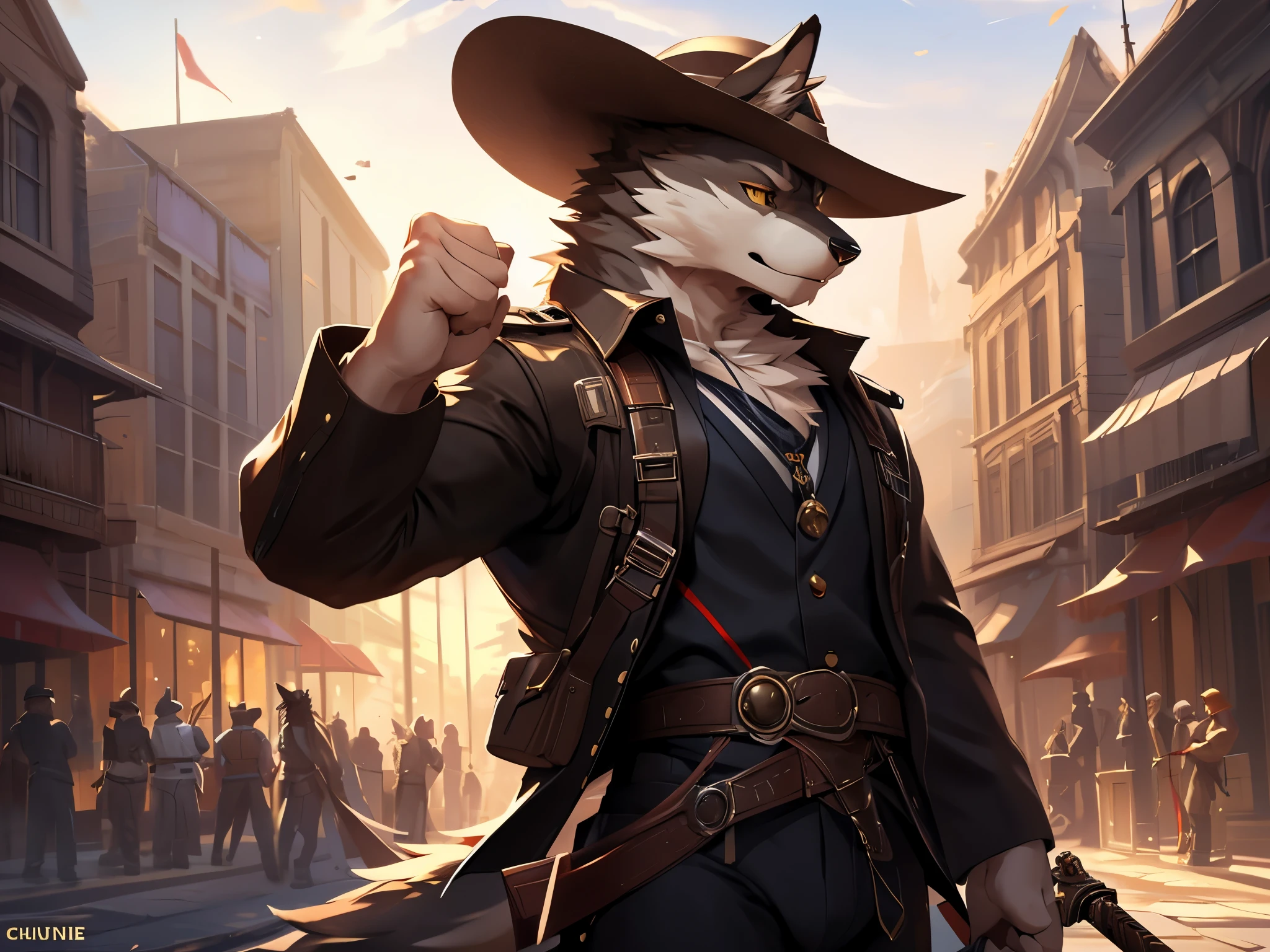 posted on e621, (by Chunie), male, Wolf anthro, solo, Yellow eyes, (Realistic eye details 1.2), a man in a suit and hat with a sword in his hand, [ trending on cgsociety ]!!, trending on artstation.', by Yang J, trending on artstation pixiv, wojtek fus, trending on Artstation, trending on artstation hd, from arknights, 🌺 cgsociety, trending on artstation hq, trending on artstation:3, in a panoramic view, masterpiece, Abstract beauty, ultra detailed face, depth of field, motion blur, high details, high quality, award winning, HD, 16k, (best quality,4k,8k,highres,masterpiece:1.2),ultra-detailed,realistic:1.37,HDR,UHD,studio lighting,extreme detail description,professional,vivid colors,bokeh,lively atmosphere, natural lighting
